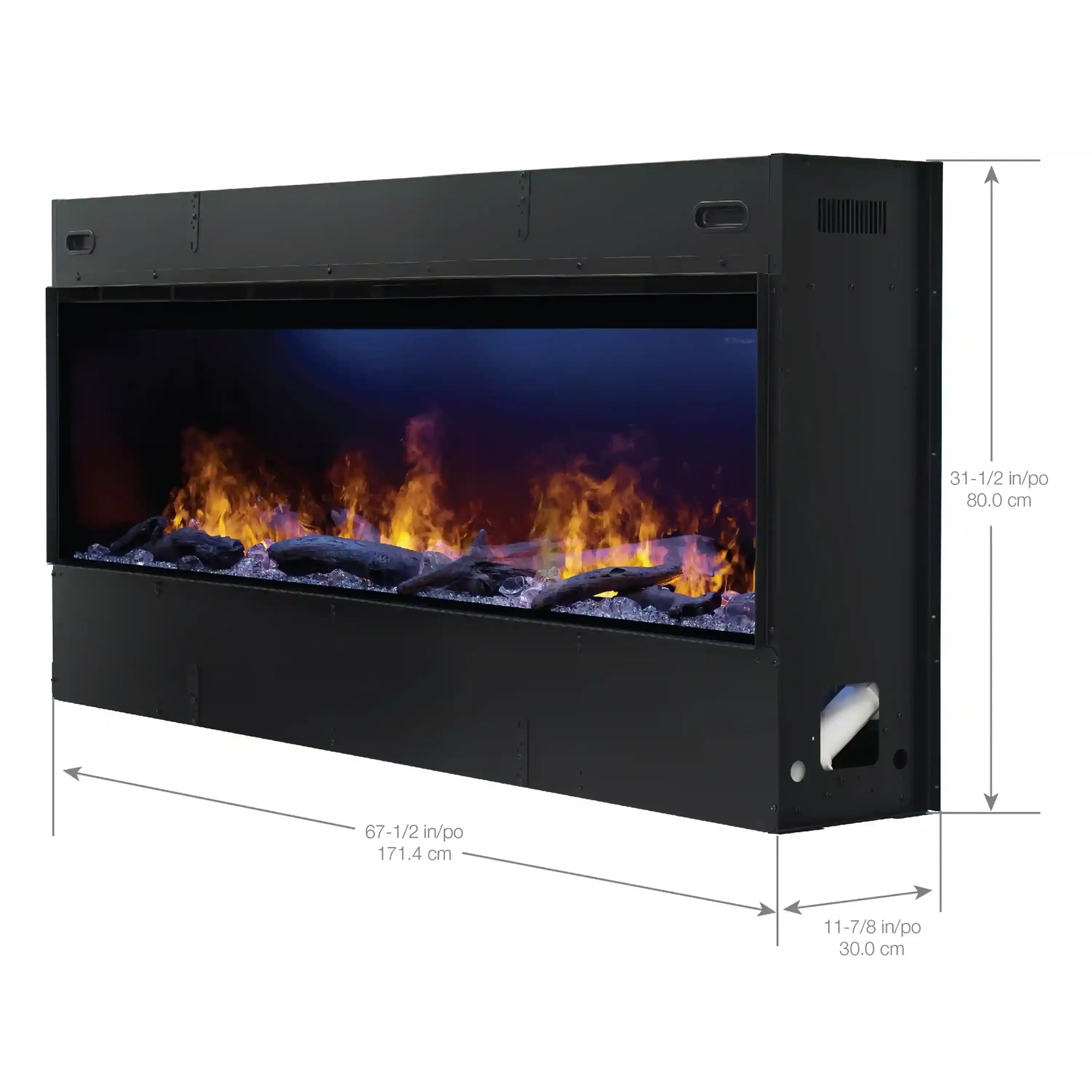 Linear water vapor fireplace with glass front, flame effect, acrylic ice and driftwood media