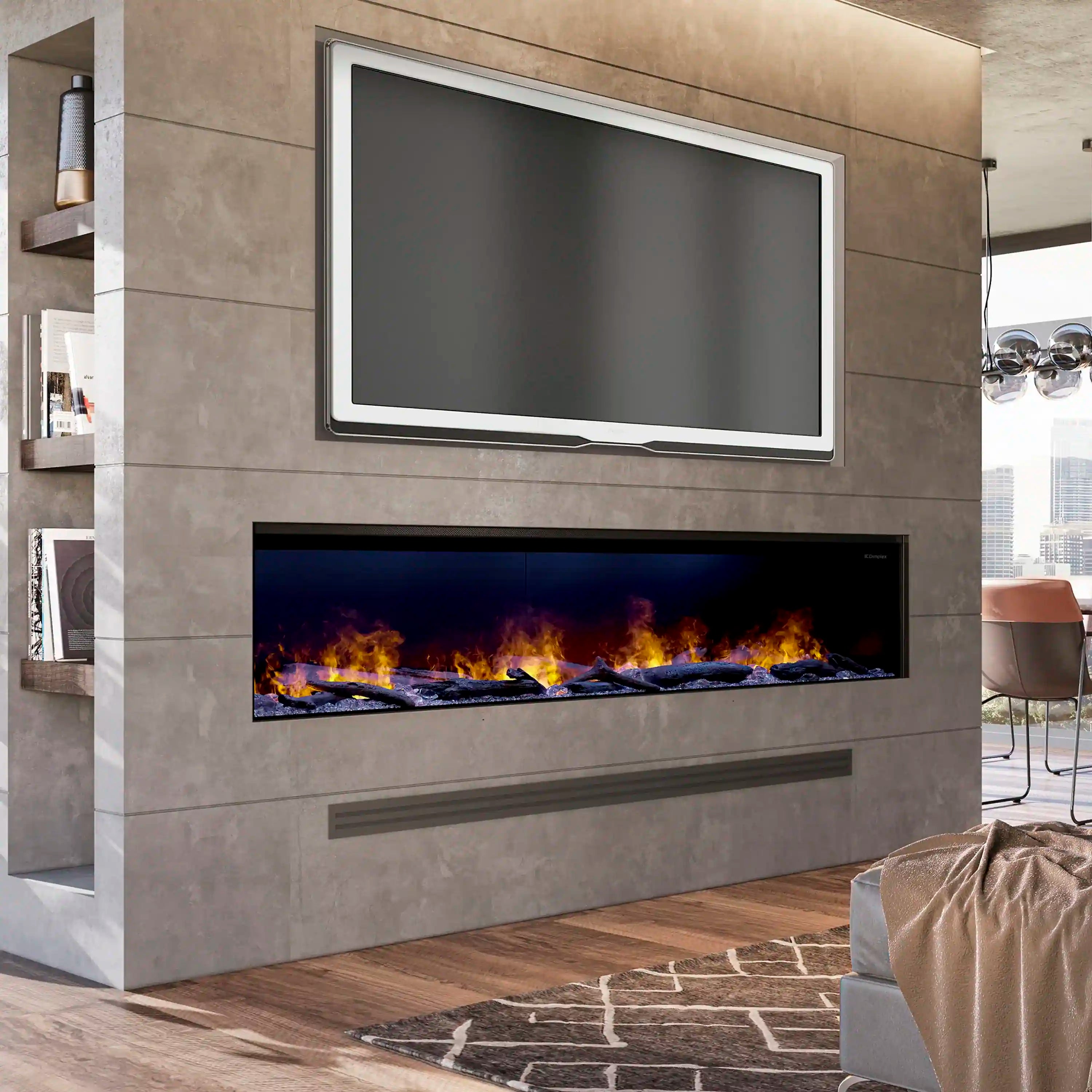 Linear water vapor fireplace built into wall with rectangular frame and flame effect