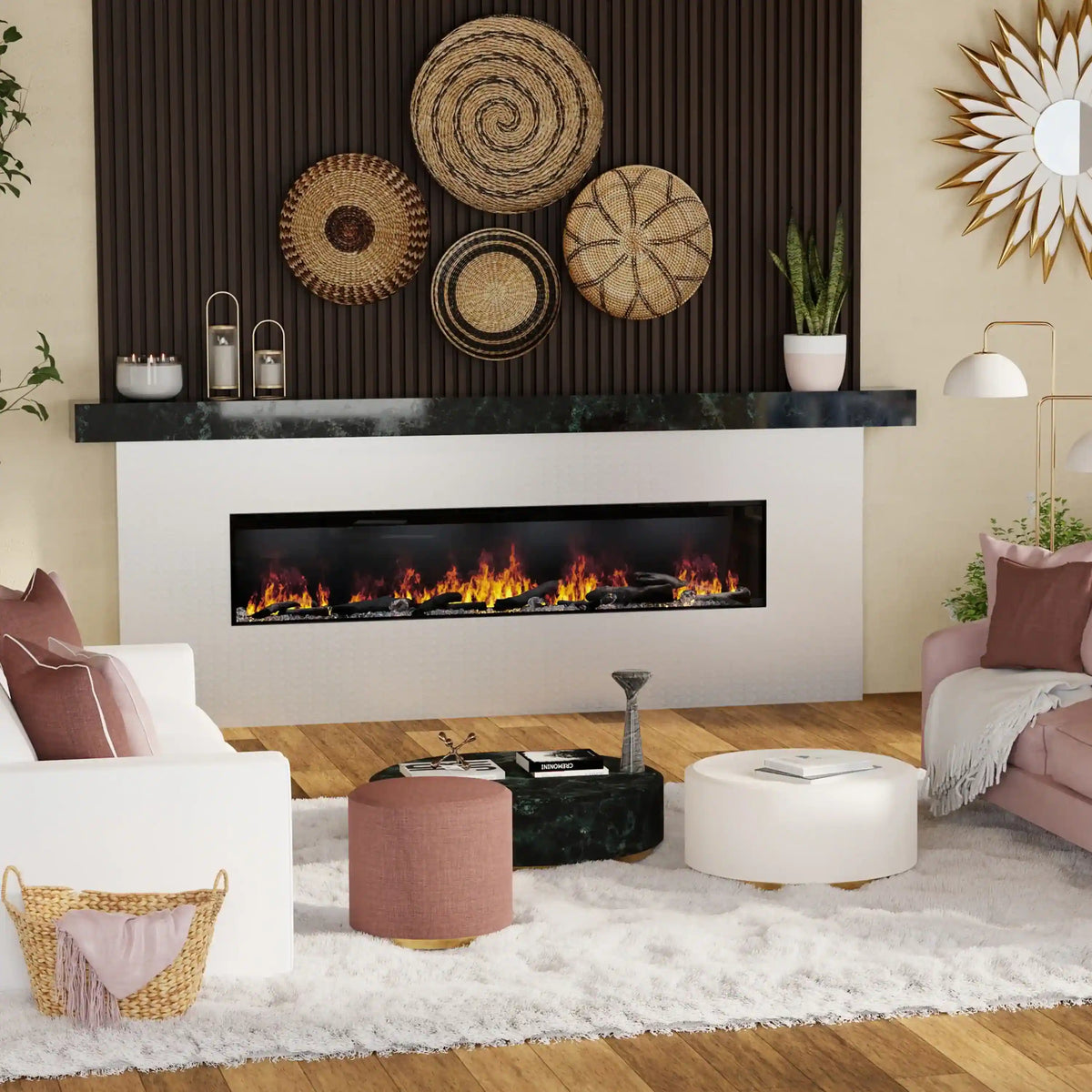 Linear water vapor fireplace insert with rectangular glass window and flame effect