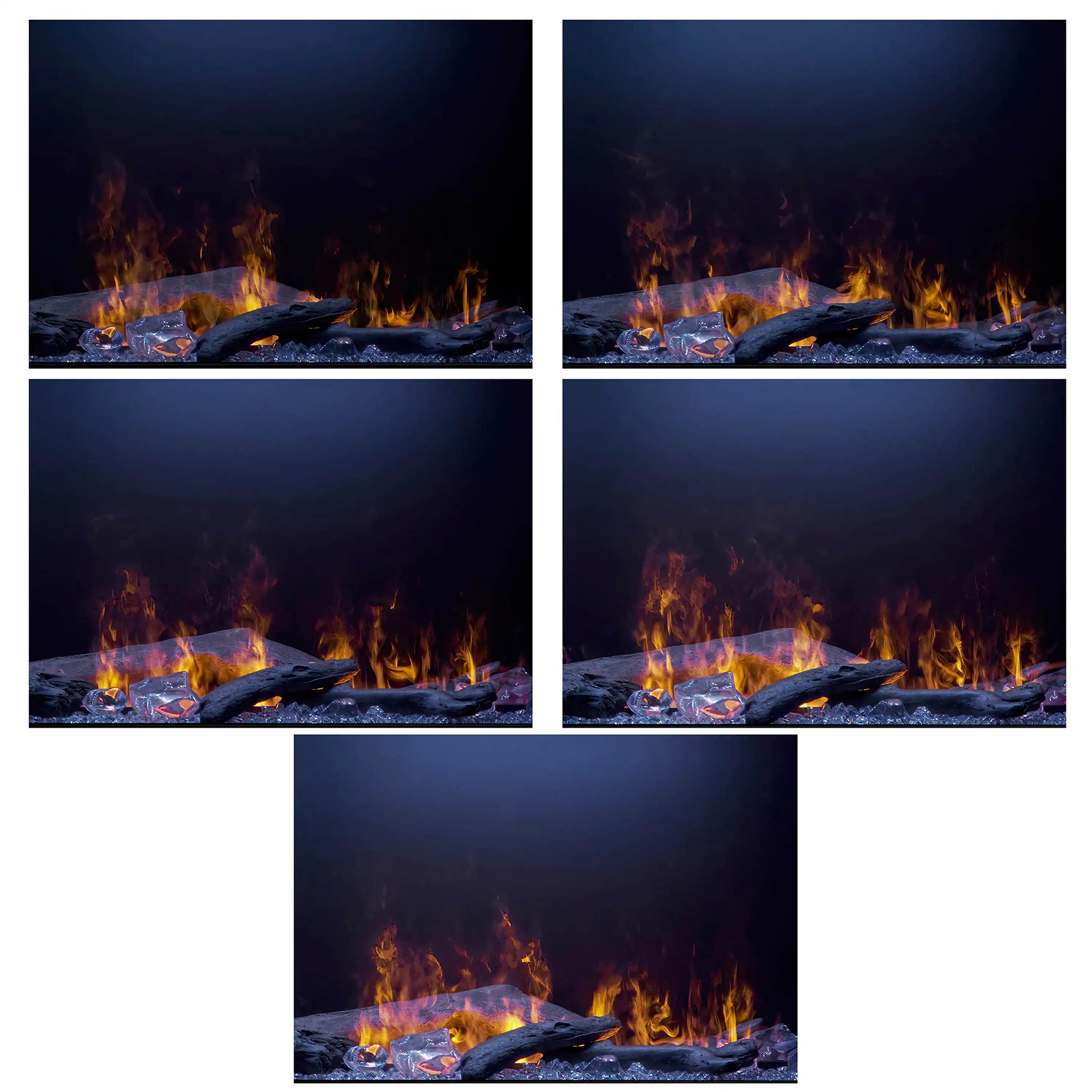 Linear water vapor fireplace flame effect over driftwood and dark firebed base