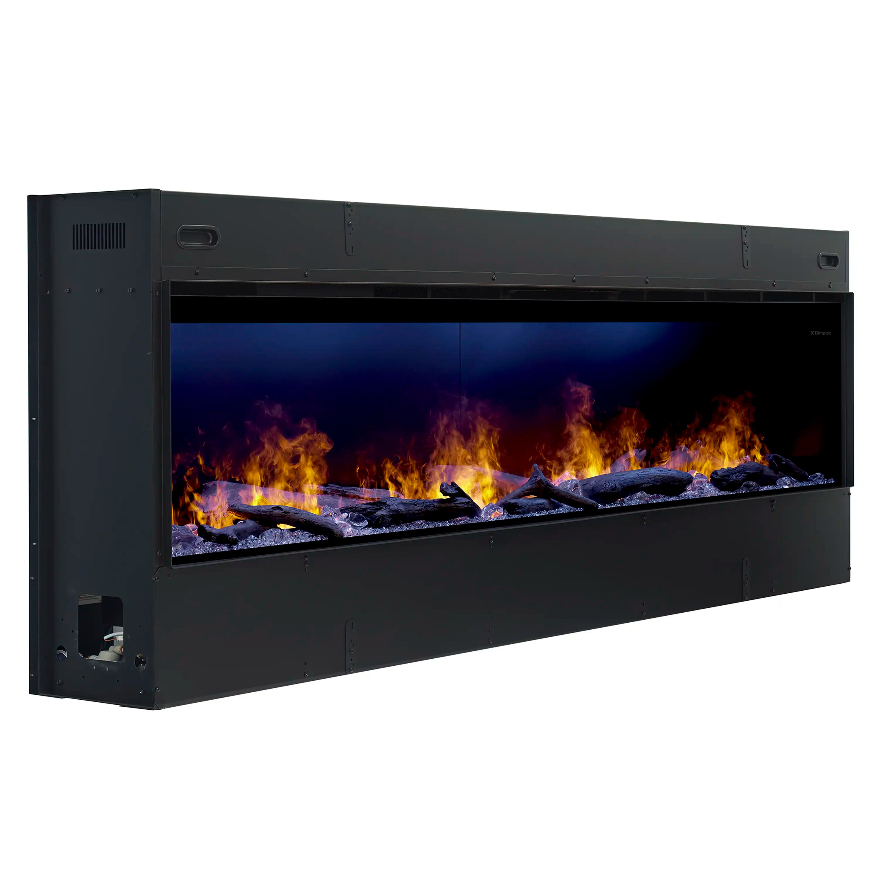 Black linear water vapor fireplace front view with glowing flames and ember bed