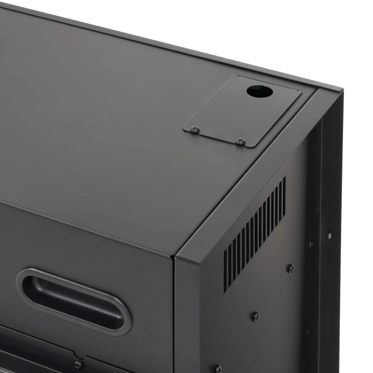 Black linear water vapor fireplace top panel with mounting screws and vent grille