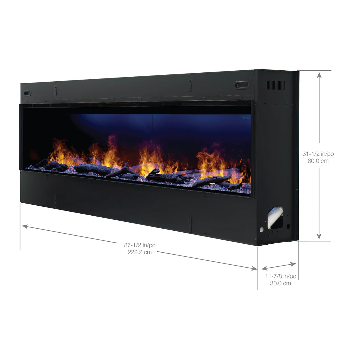 Black linear water vapor fireplace with glowing flame bed and window view