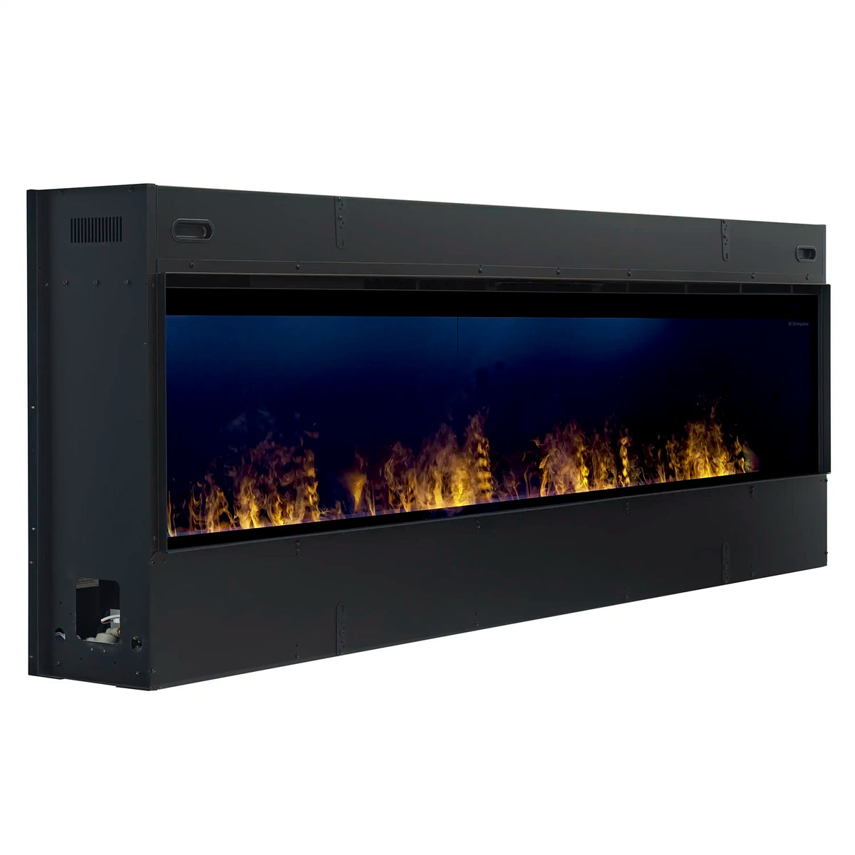 Black linear electric fireplace with flame and water vapor effect visible through glass
