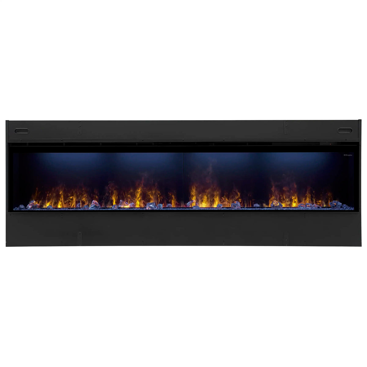Black linear water vapor fireplace insert with long viewing window and flame effect