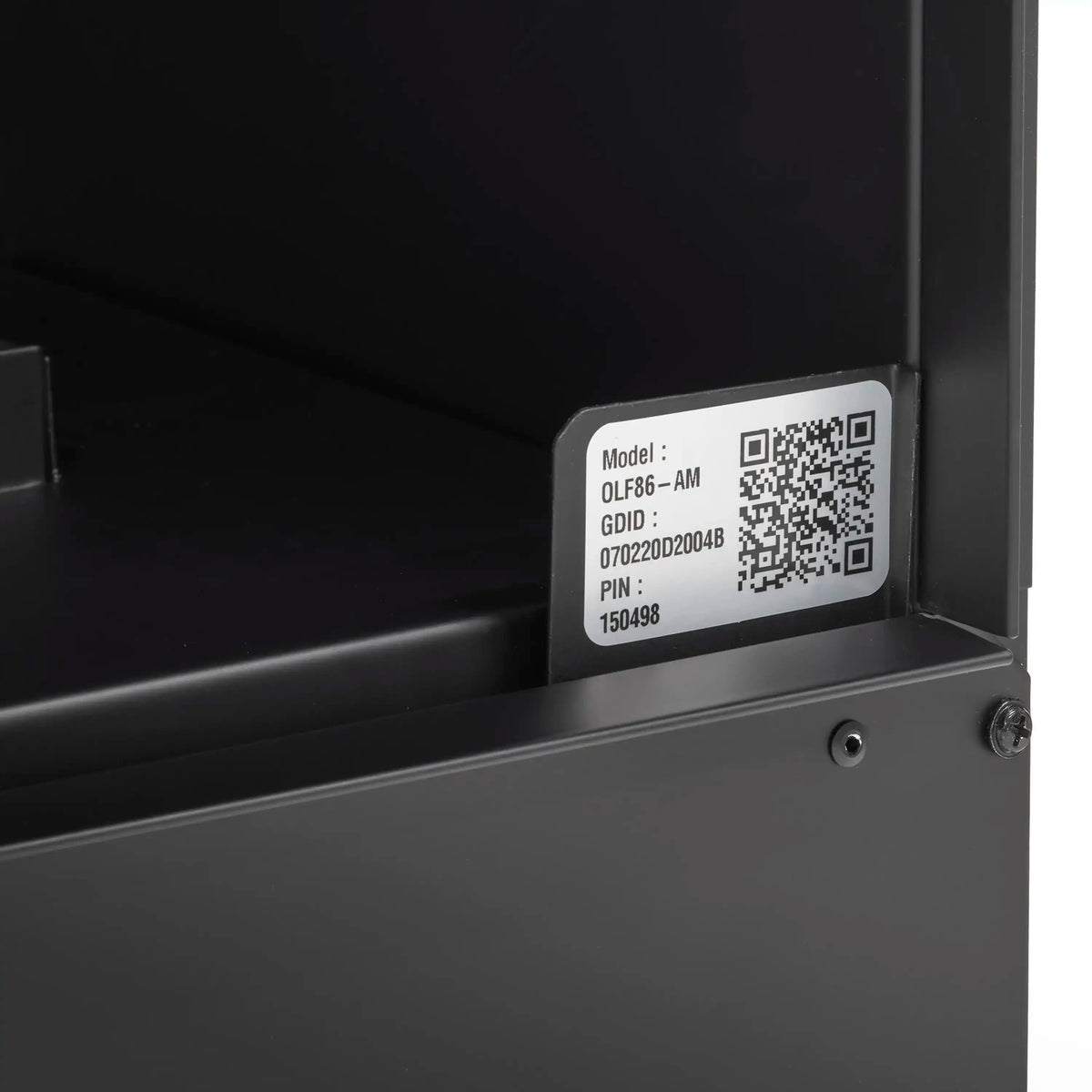 Black linear water vapor fireplace exterior with model label and QR sticker