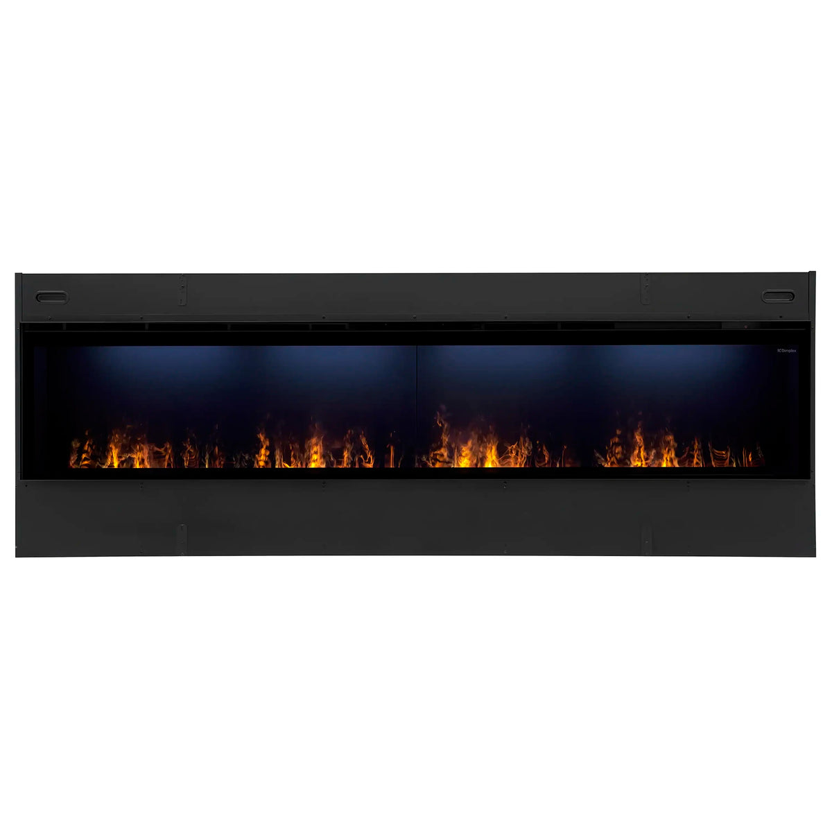 Black linear water vapor fireplace with glowing orange flames behind glass