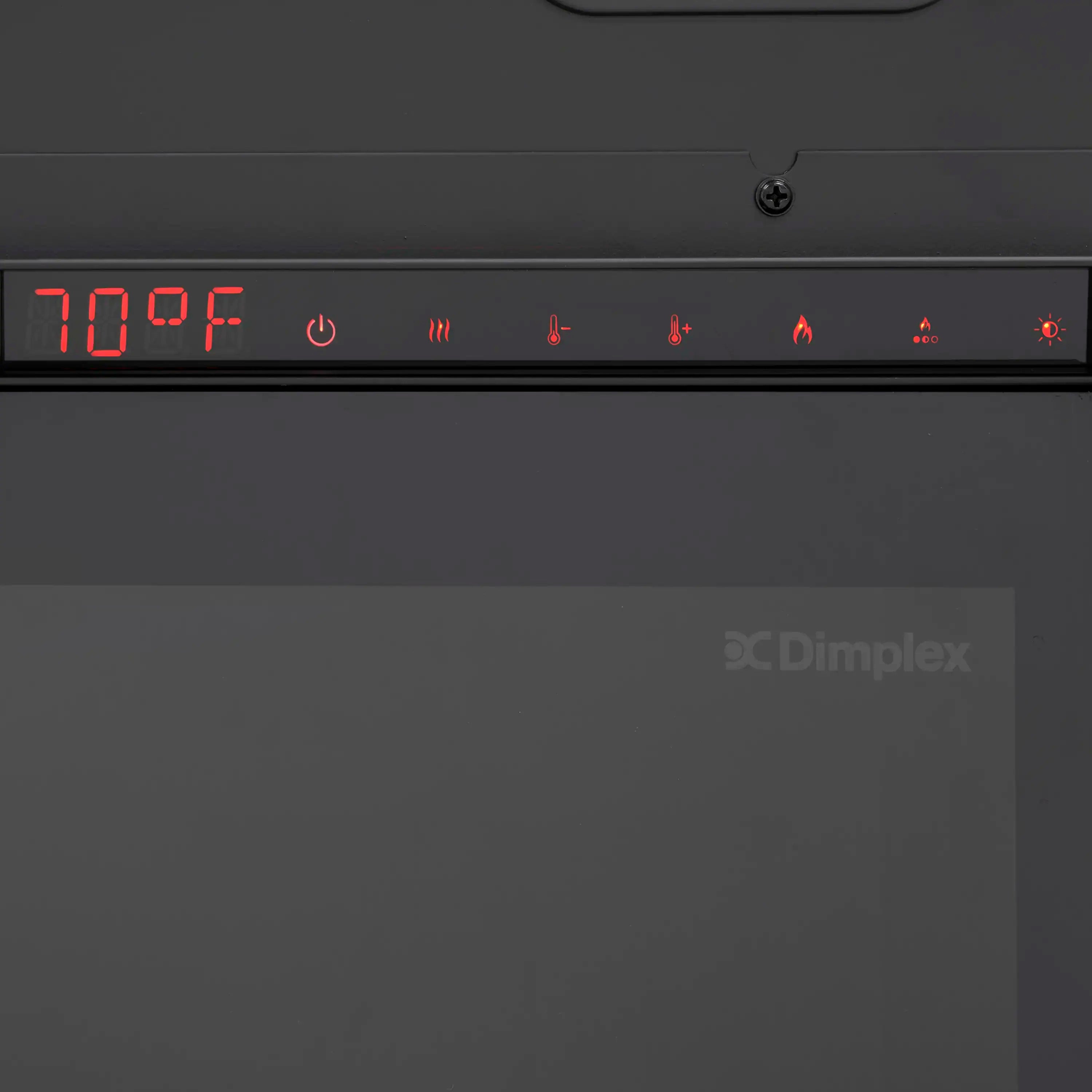 Water vapor fireplace control panel showing red temperature reading and mode icons