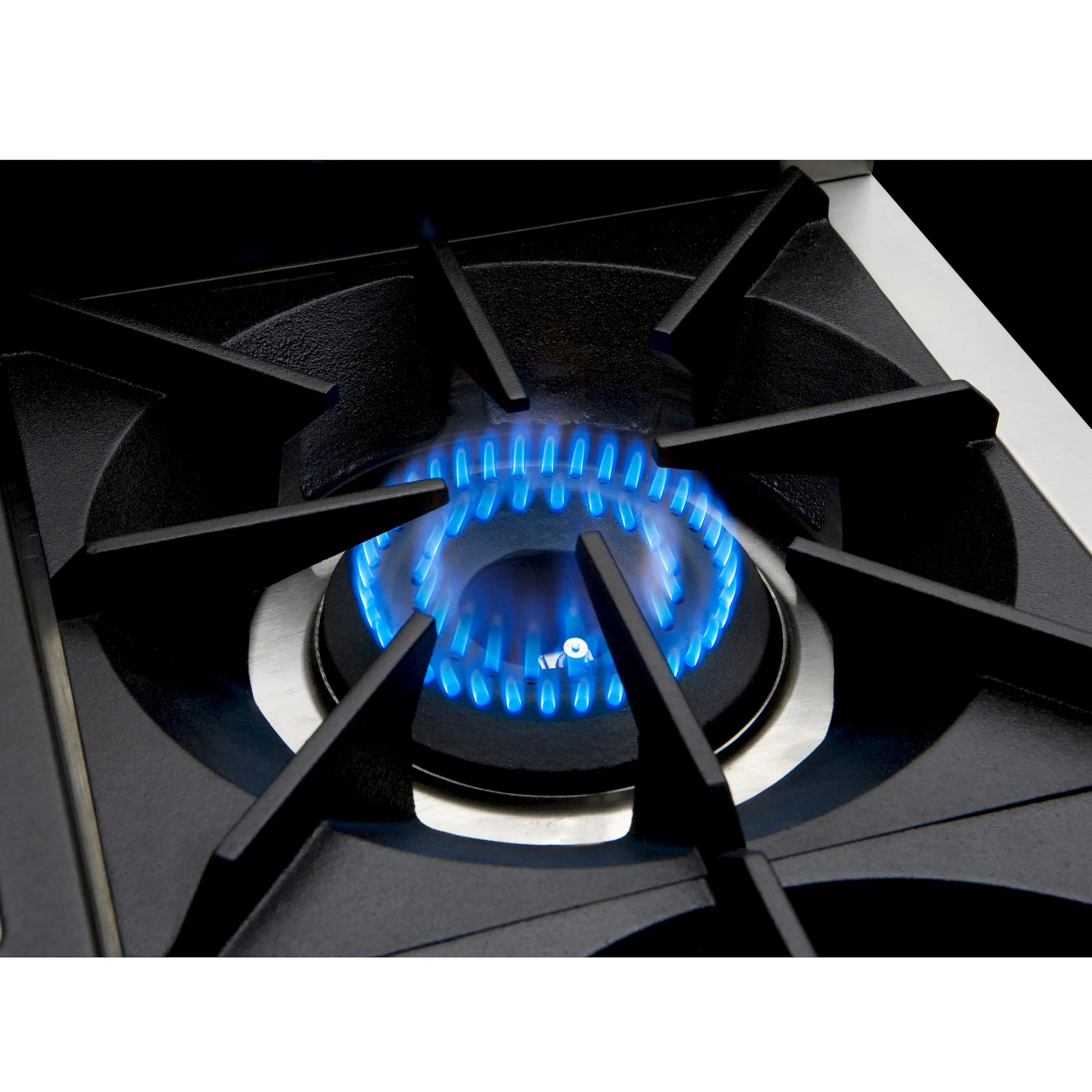 Stainless steel gas range burner with blue flame, black grate and burner cap