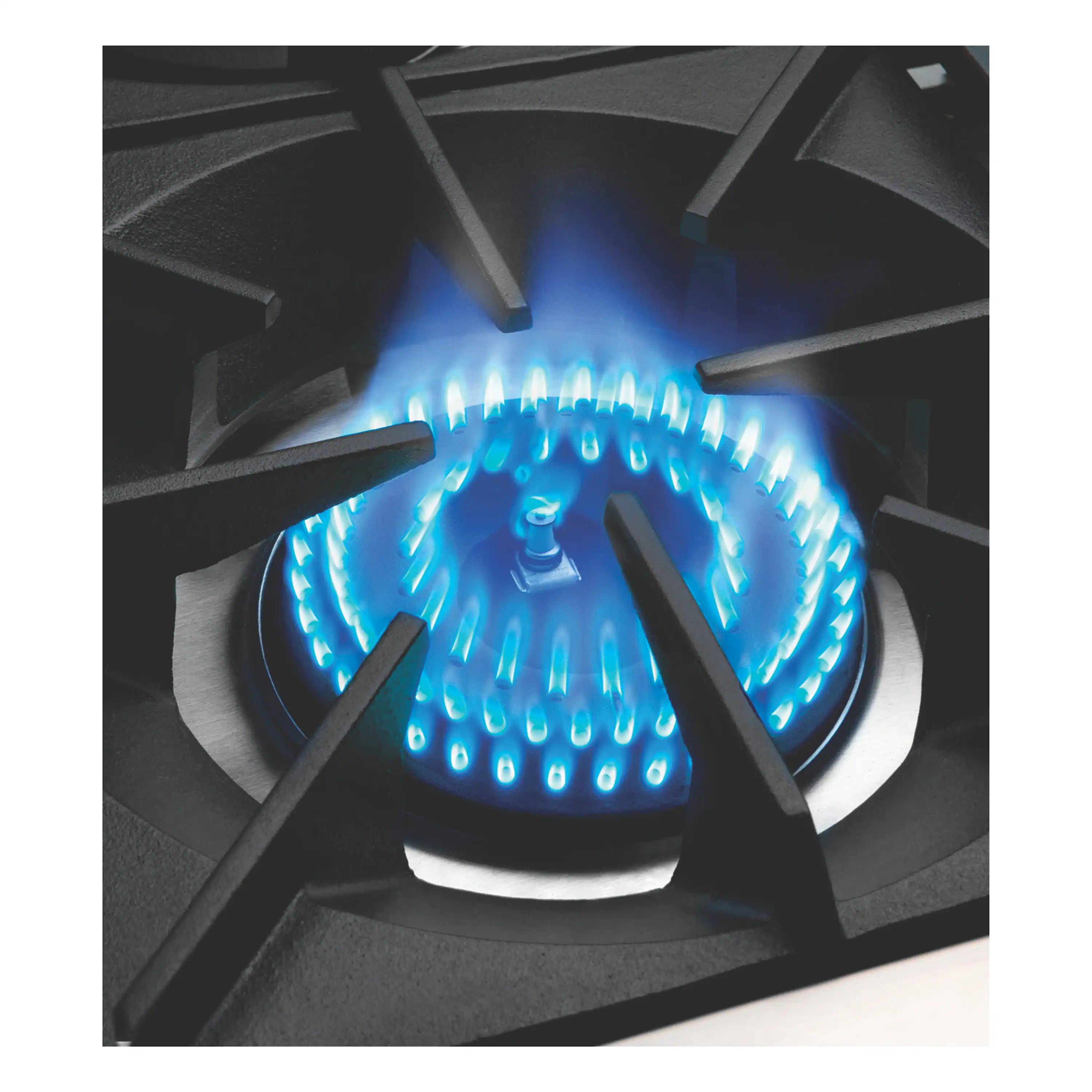 Black burner head with blue flame under stainless gas cooktop grates