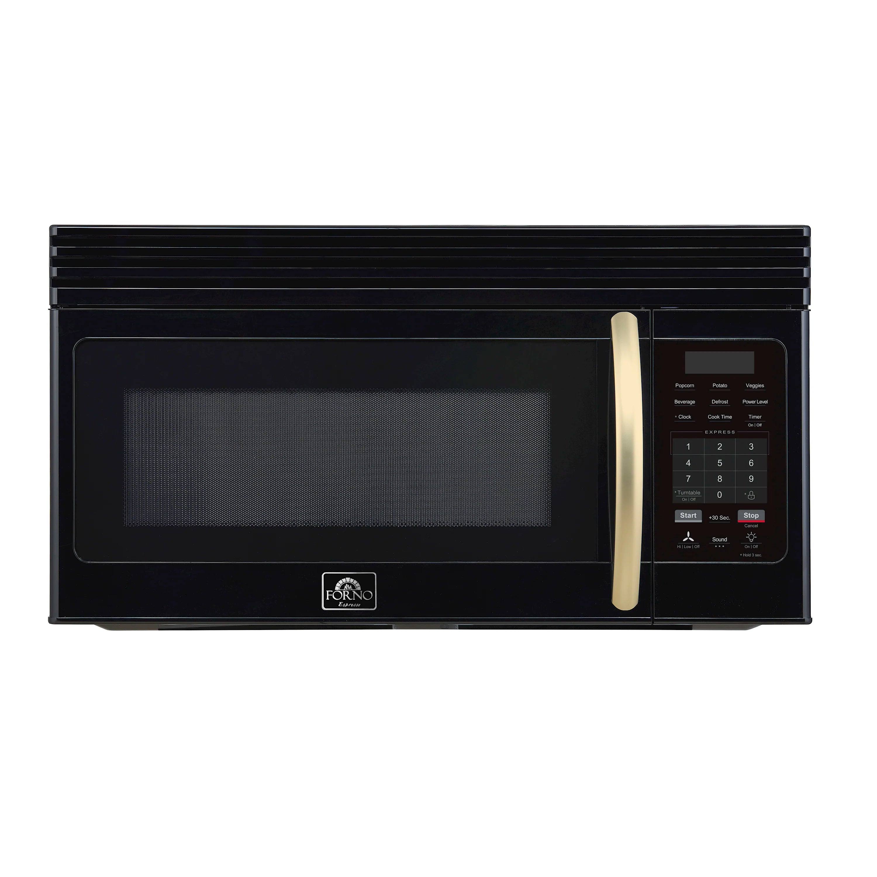 Black over-the-range microwave front with antique brass handle and touch keypad