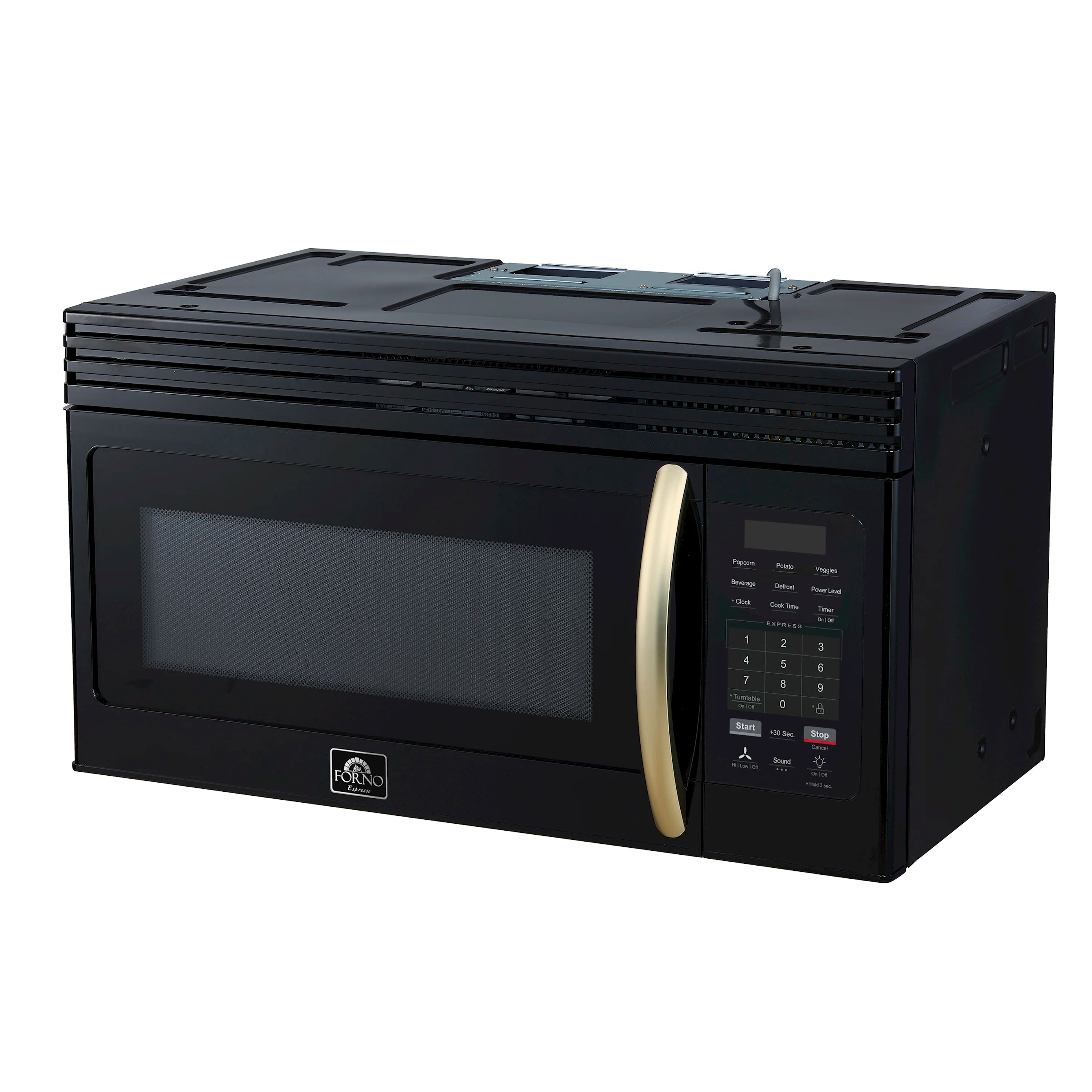 Black over-the-range microwave with antique brass handle and control keypad on right
