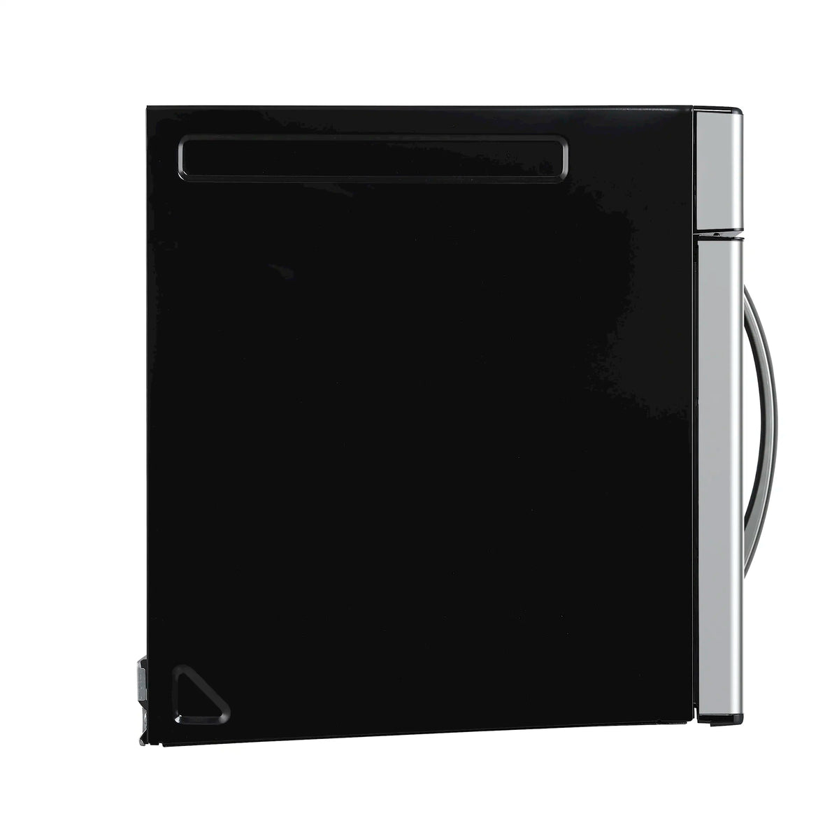 Stainless steel over-the-range microwave side view with dark tinted door glass
