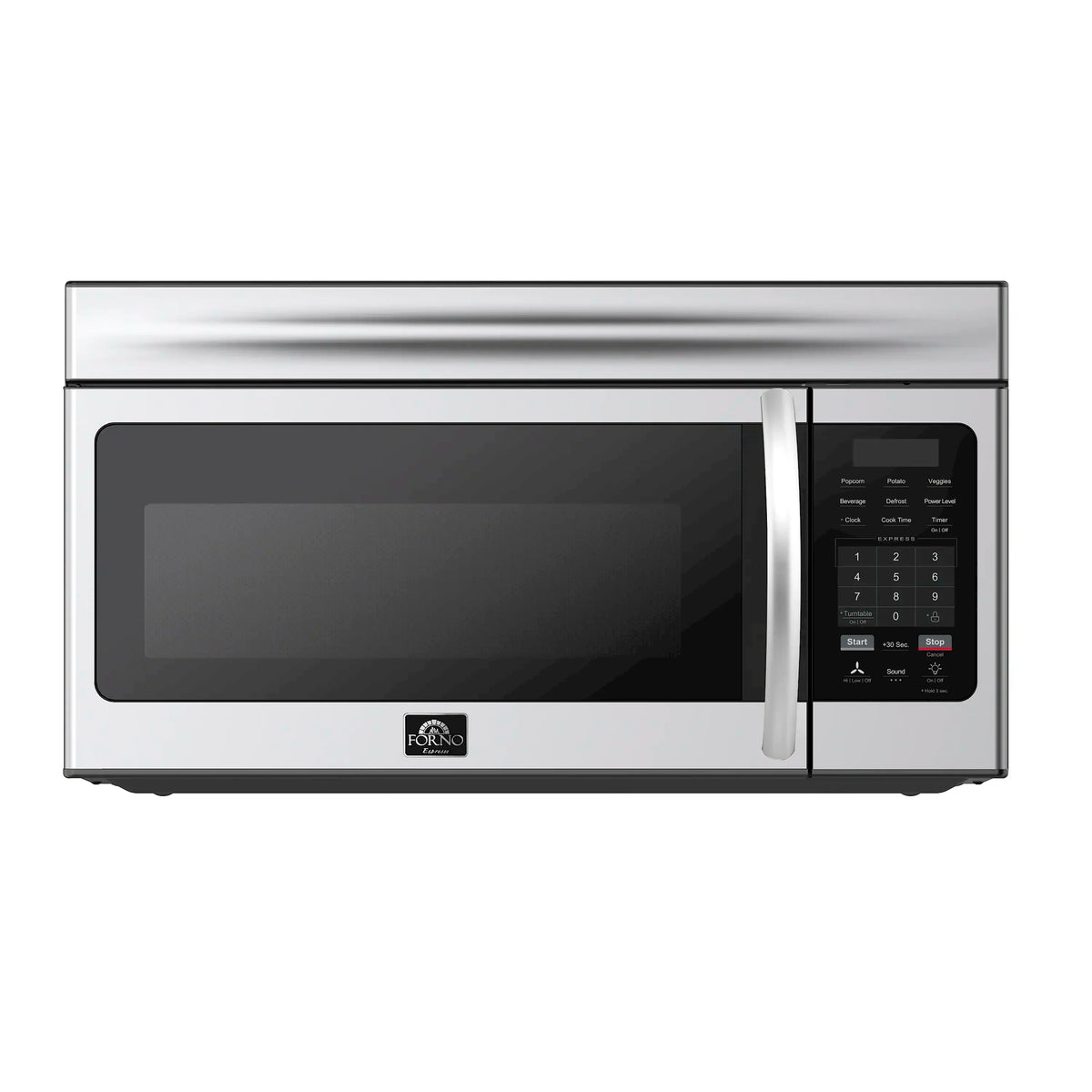 Over-the-range microwave with dark display window and stainless steel handle