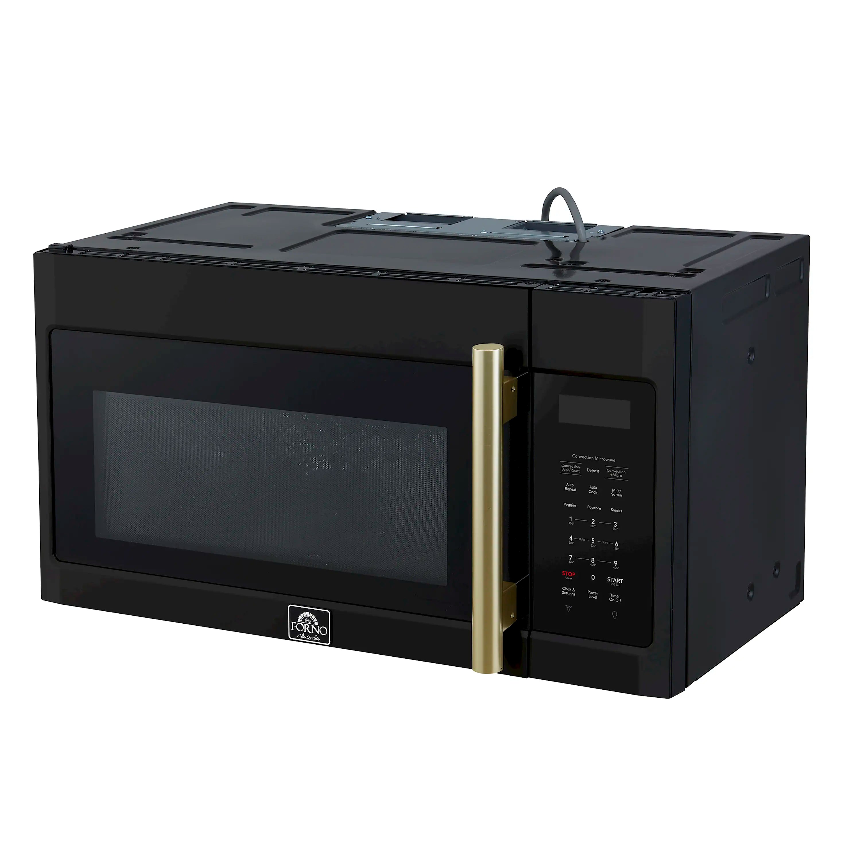 Black over-the-range convection microwave angled view with brass handle and control panel