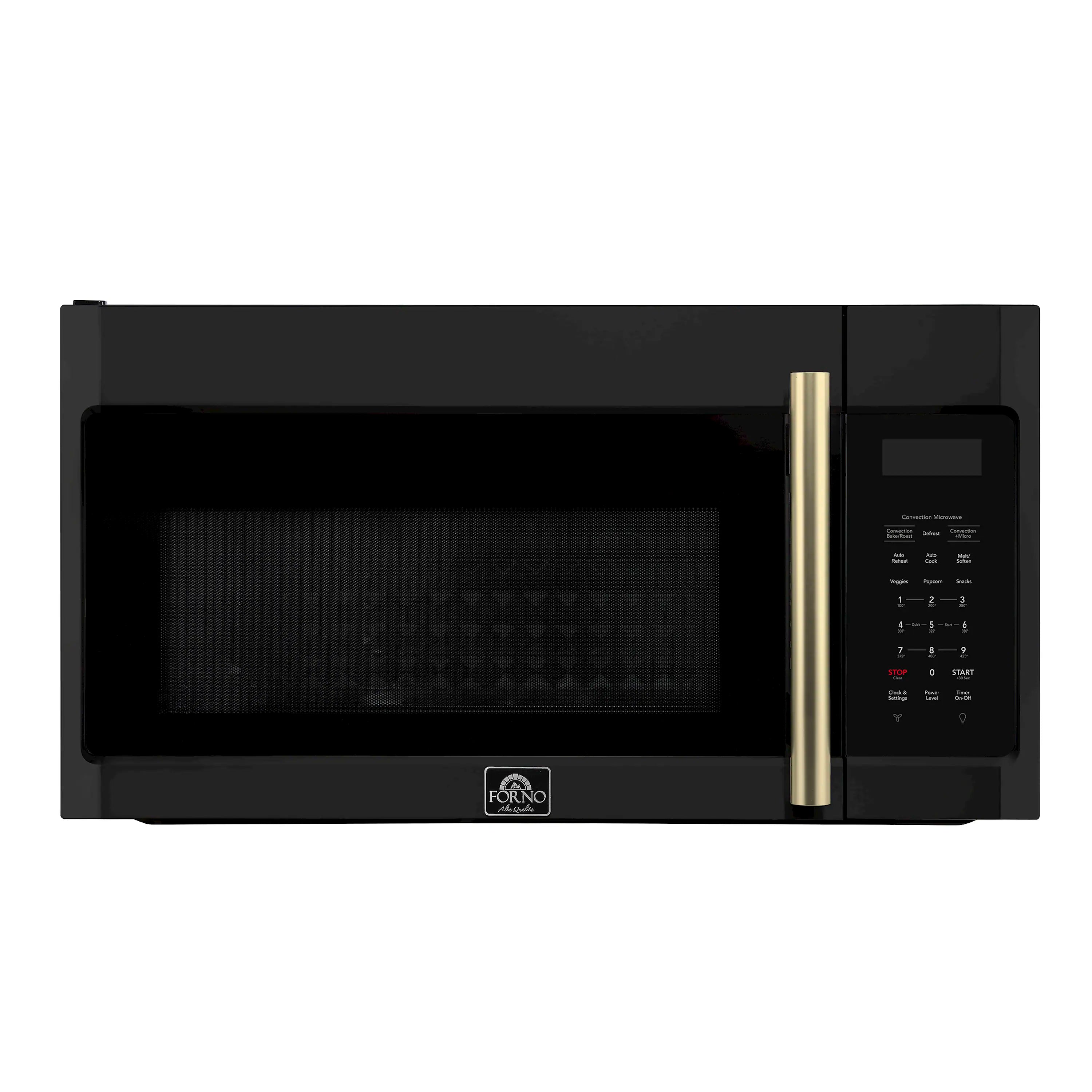 Black over-the-range convection microwave front view with antique brass handle and display