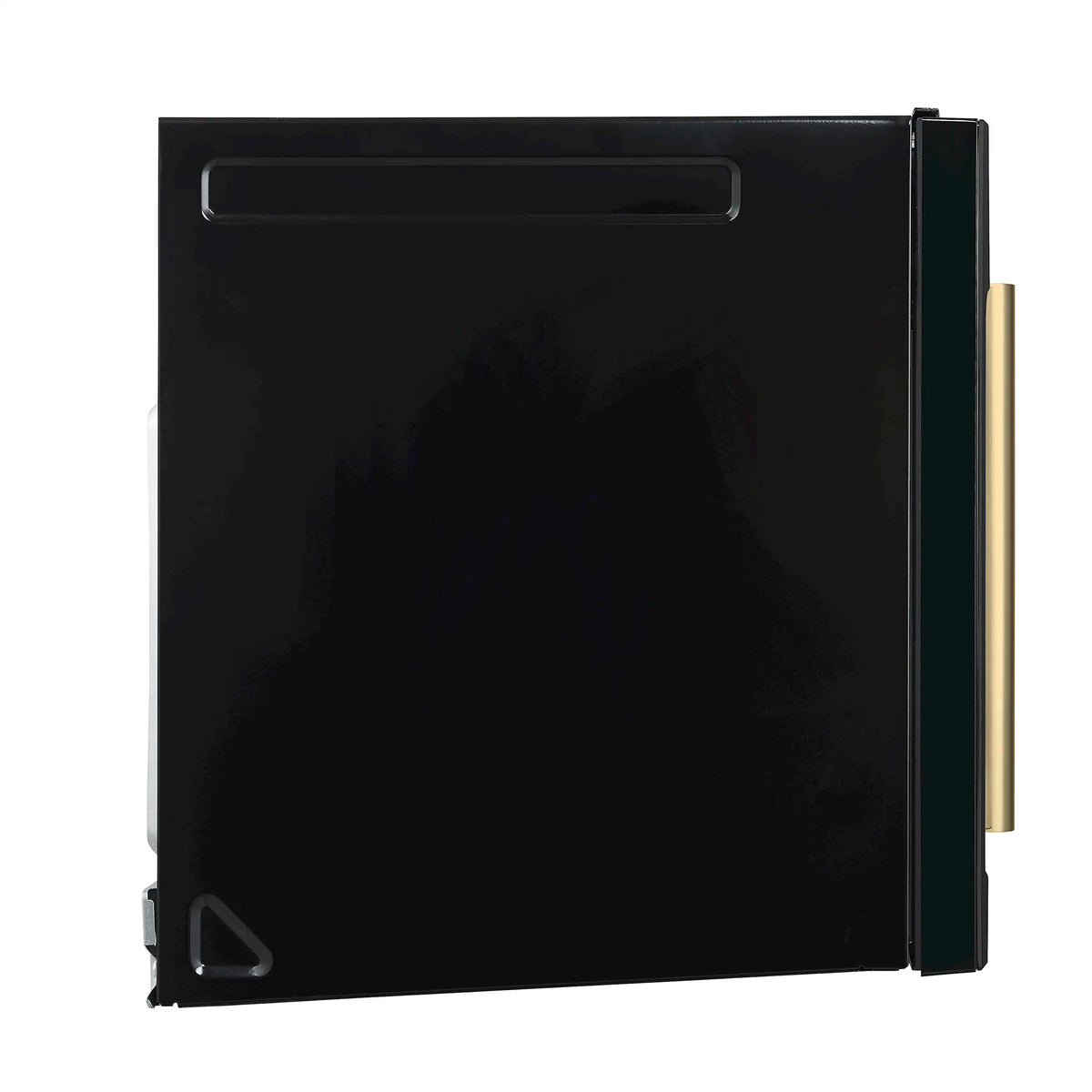 Black over-the-range convection microwave with antique brass handle and door window