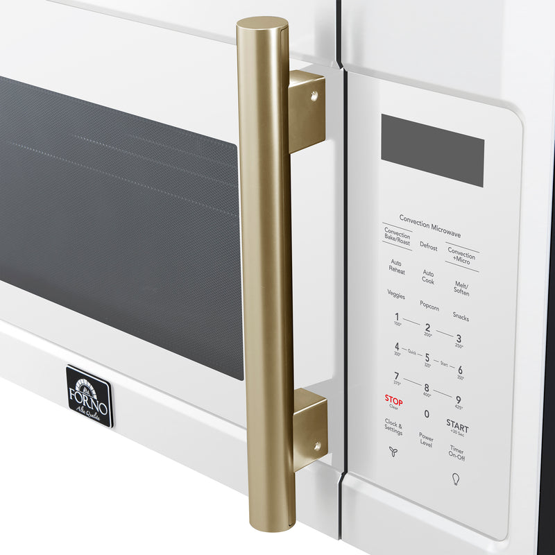 Forno Fornace 30-Inch Over-the-Range Convection Microwave in White with Antique Brass Handle – 1.5 cu.ft, 300 CFM Vent, Touch Control, LED Light (FOTR3038-30WHT)
