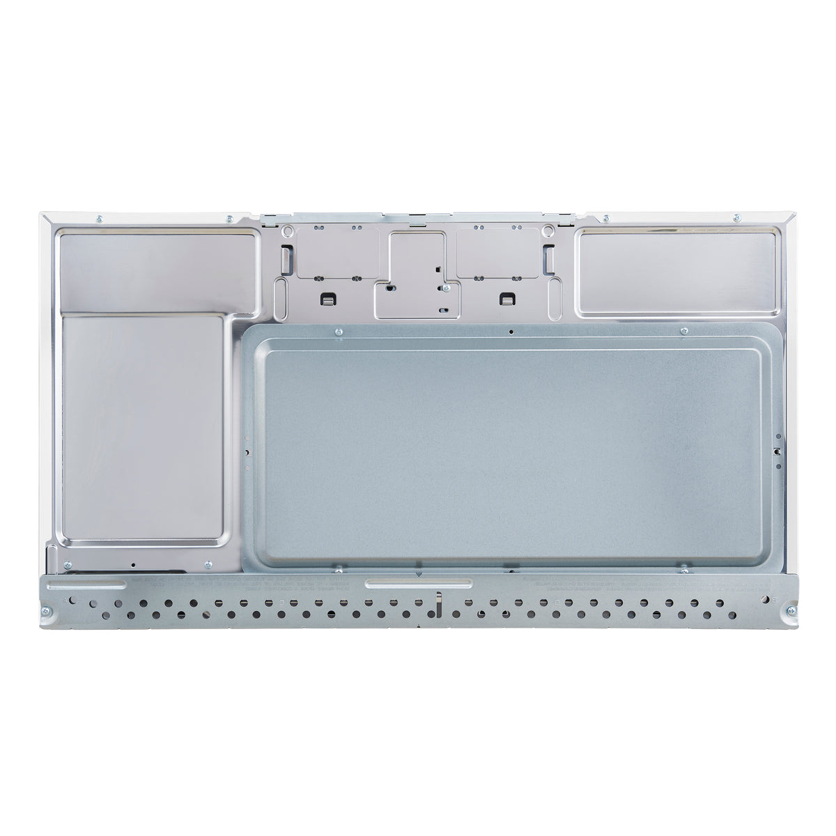 Over-the-range microwave inner door and control area, showing open cavity panels