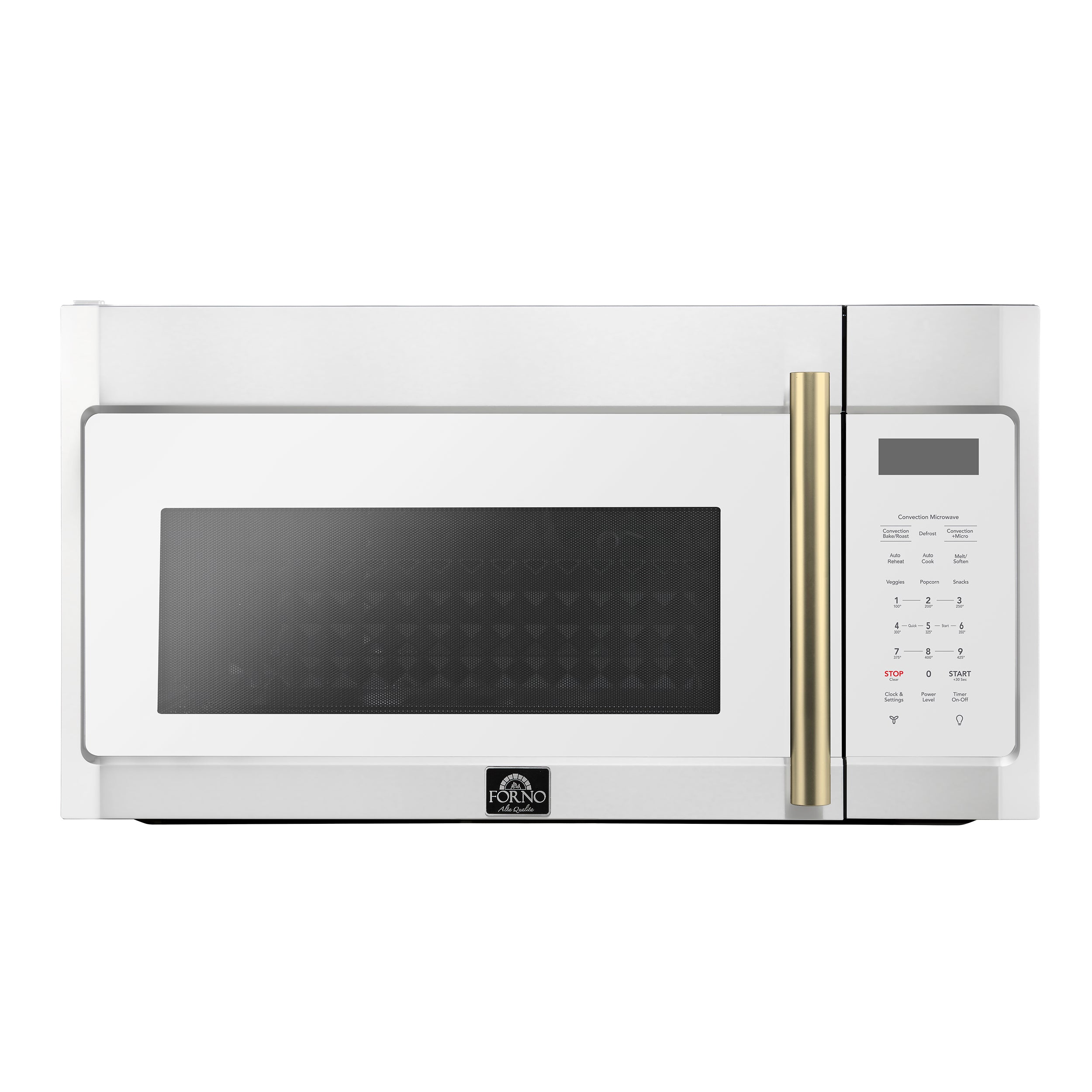 White convection microwave front with dark viewing window, touch panel, and brass handle