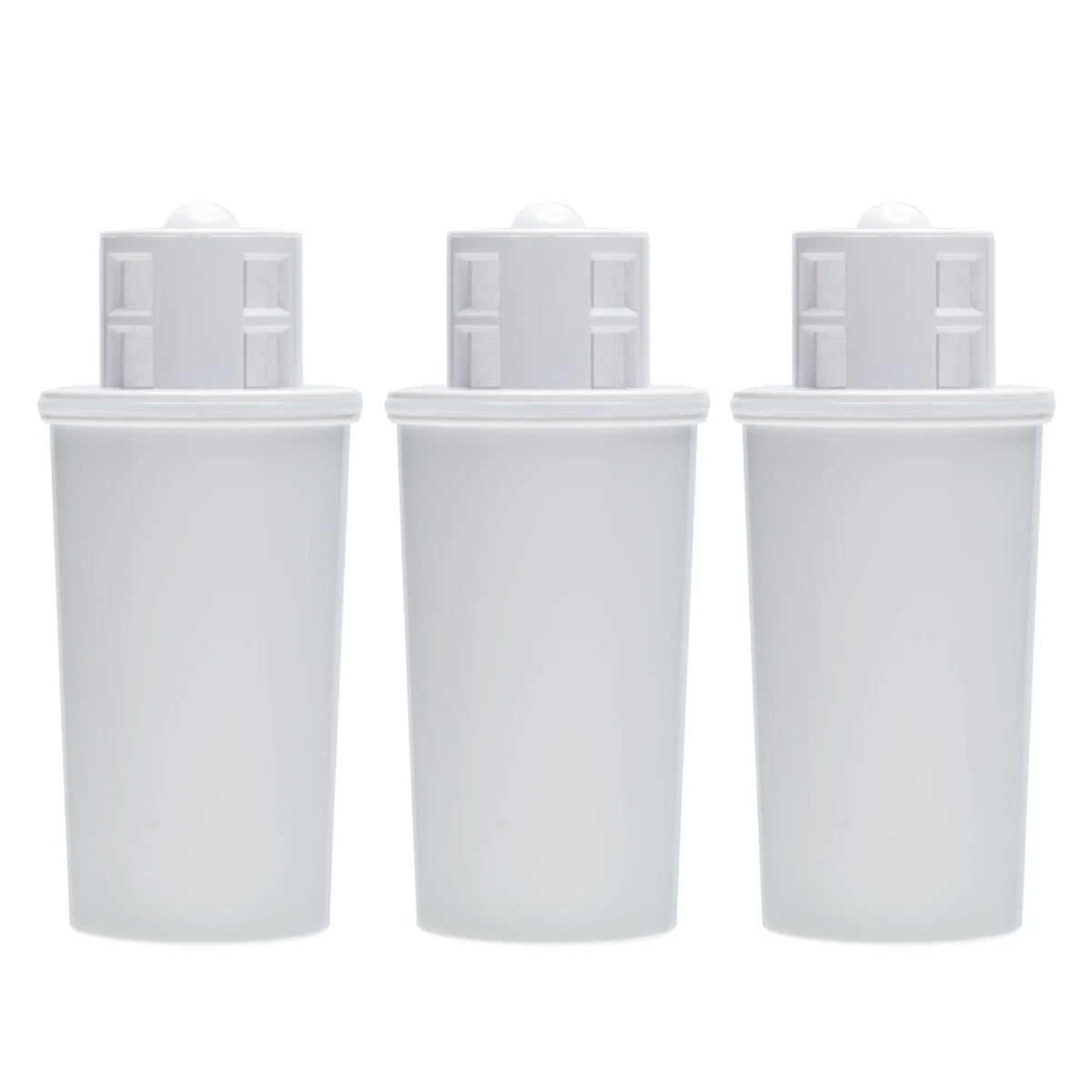 Set of three white oil filter cartridges with caps