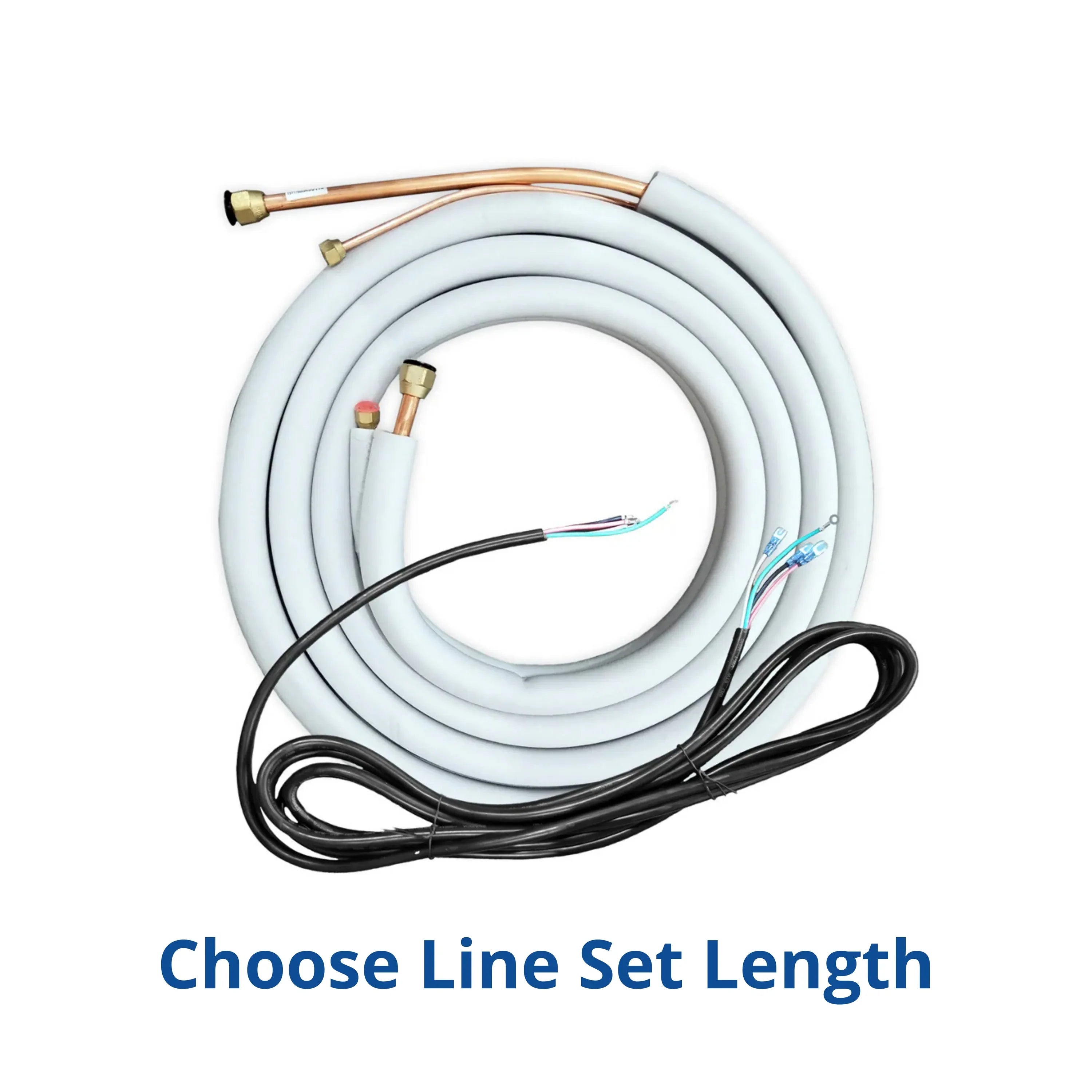 Coiled refrigerant line set with copper fittings and wiring harness for mini split