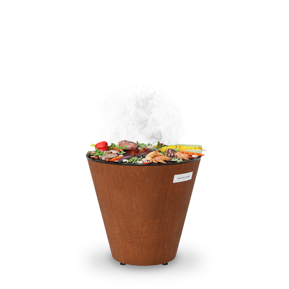Rust-colored compact charcoal grill with cooked food, smoke rising from top