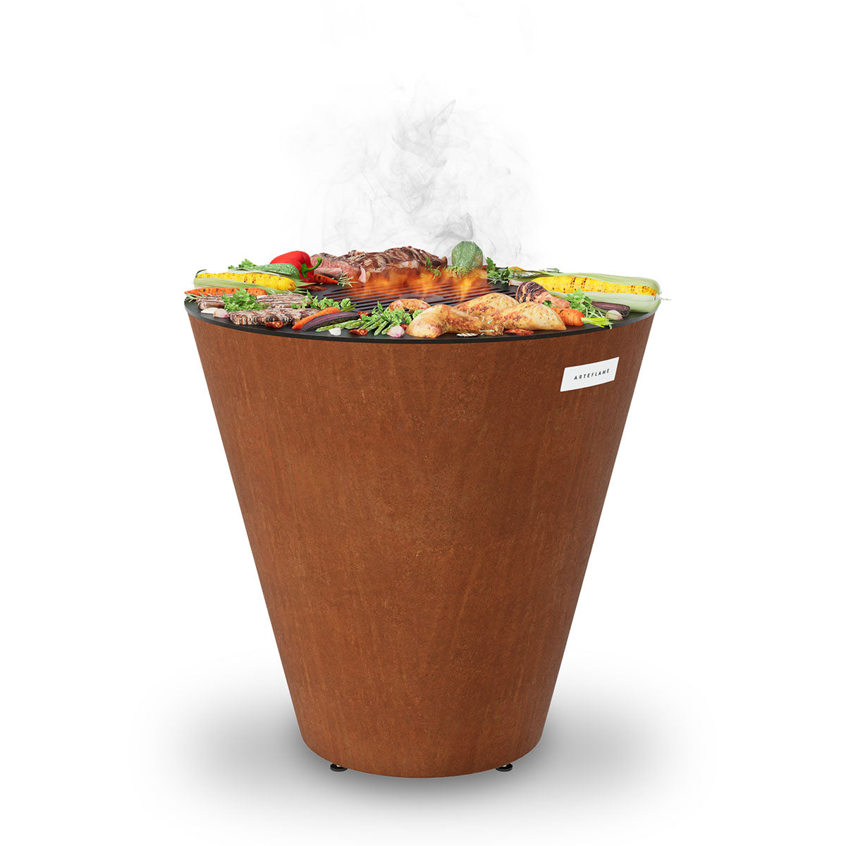 Brown steel fire pit grill with open top and smoked food cooking inside