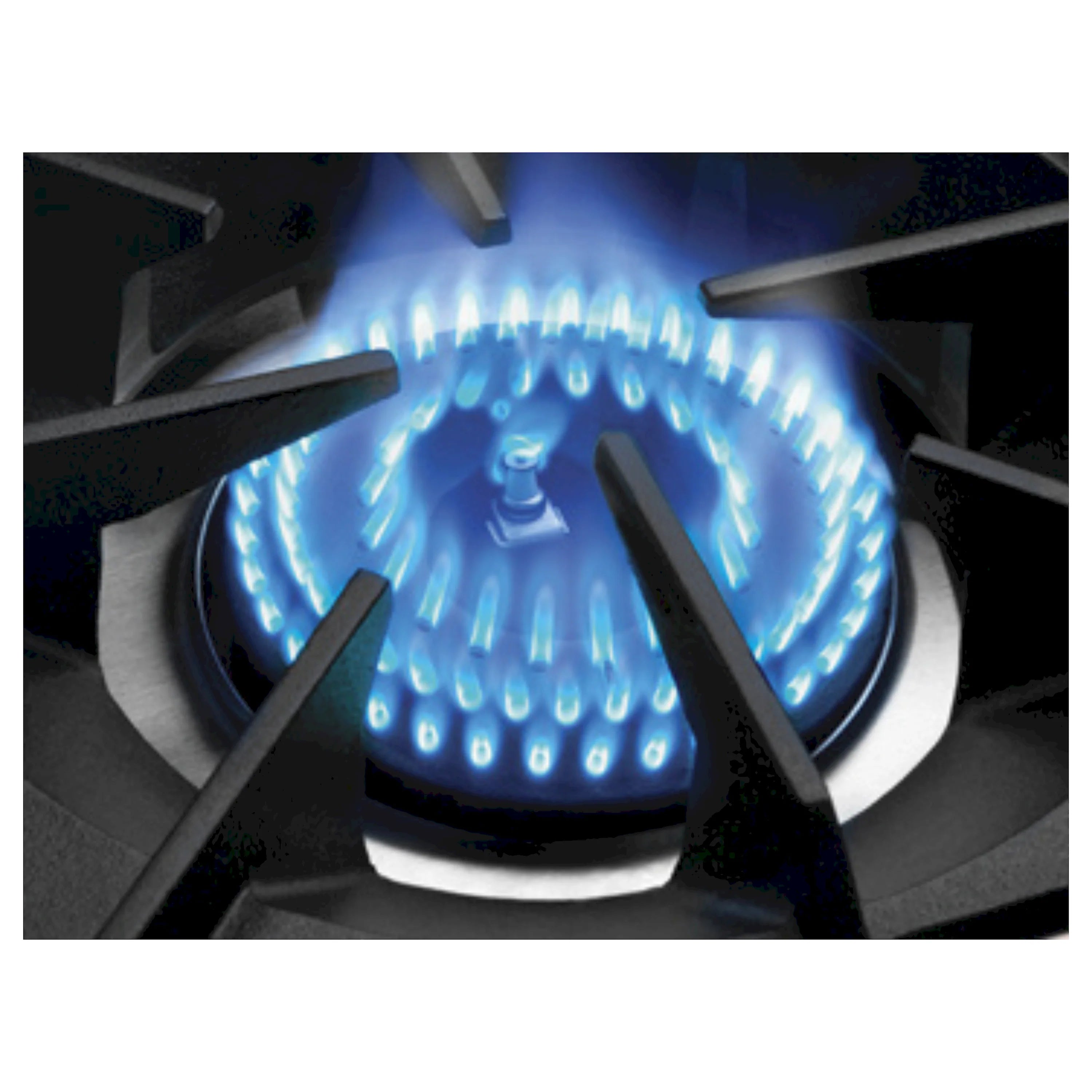 Blue gas burner flame on stainless steel grate with multiple flame ports