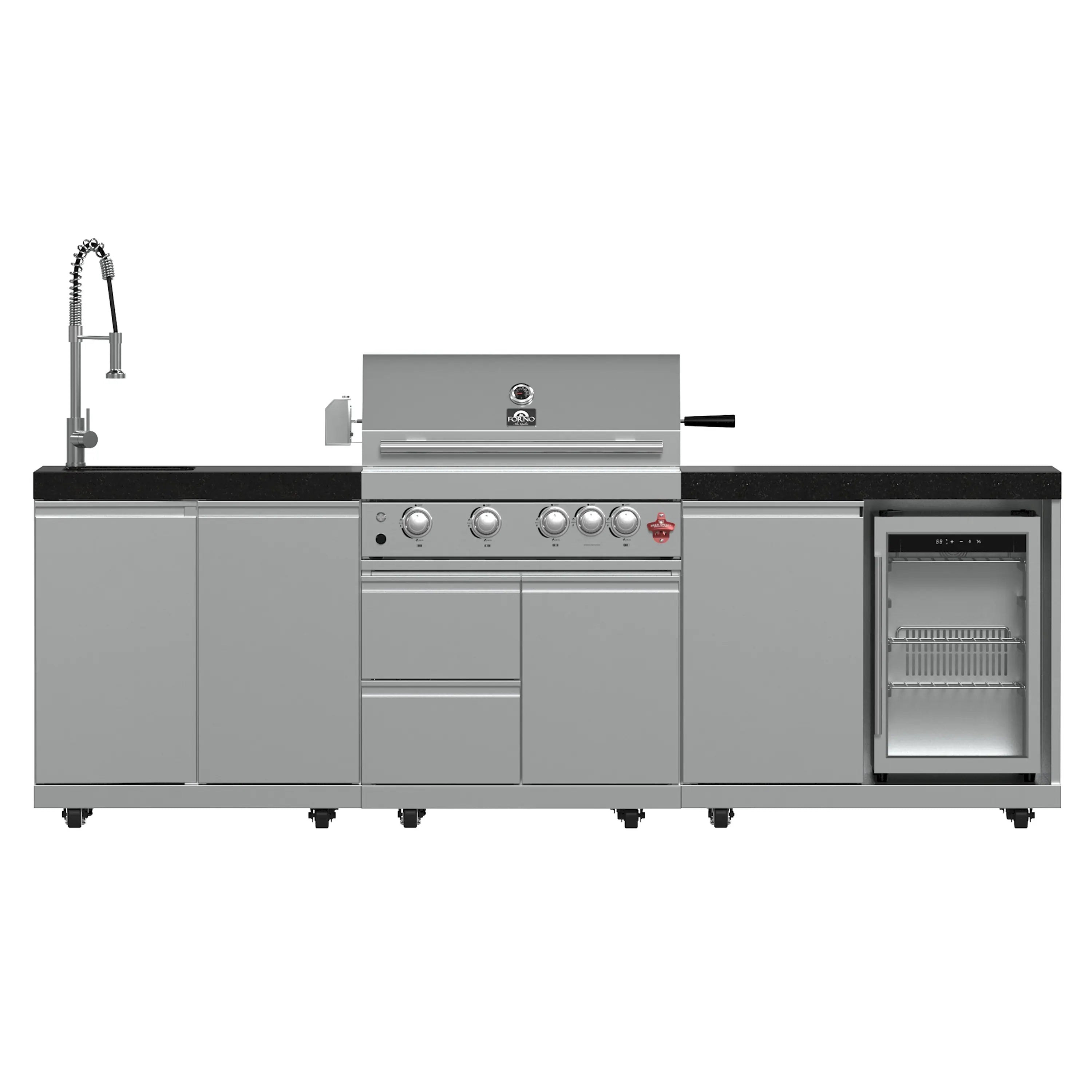 Outdoor gas grill with side cabinet, control panel, and black countertop