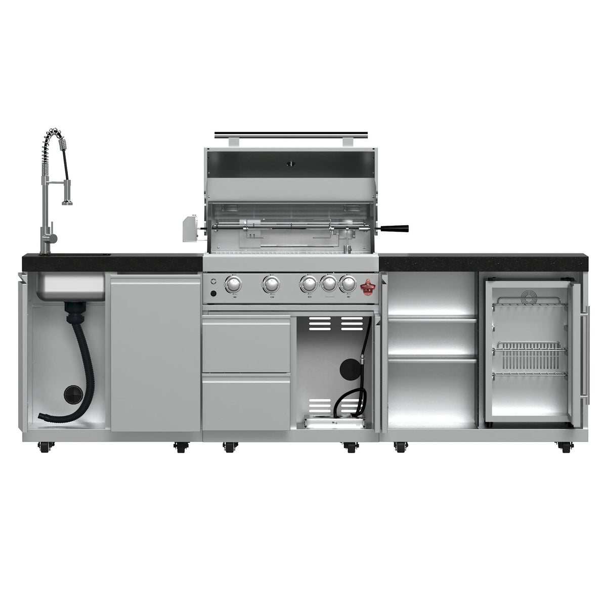 Outdoor BBQ grill island with side doors, storage compartment, and control panel