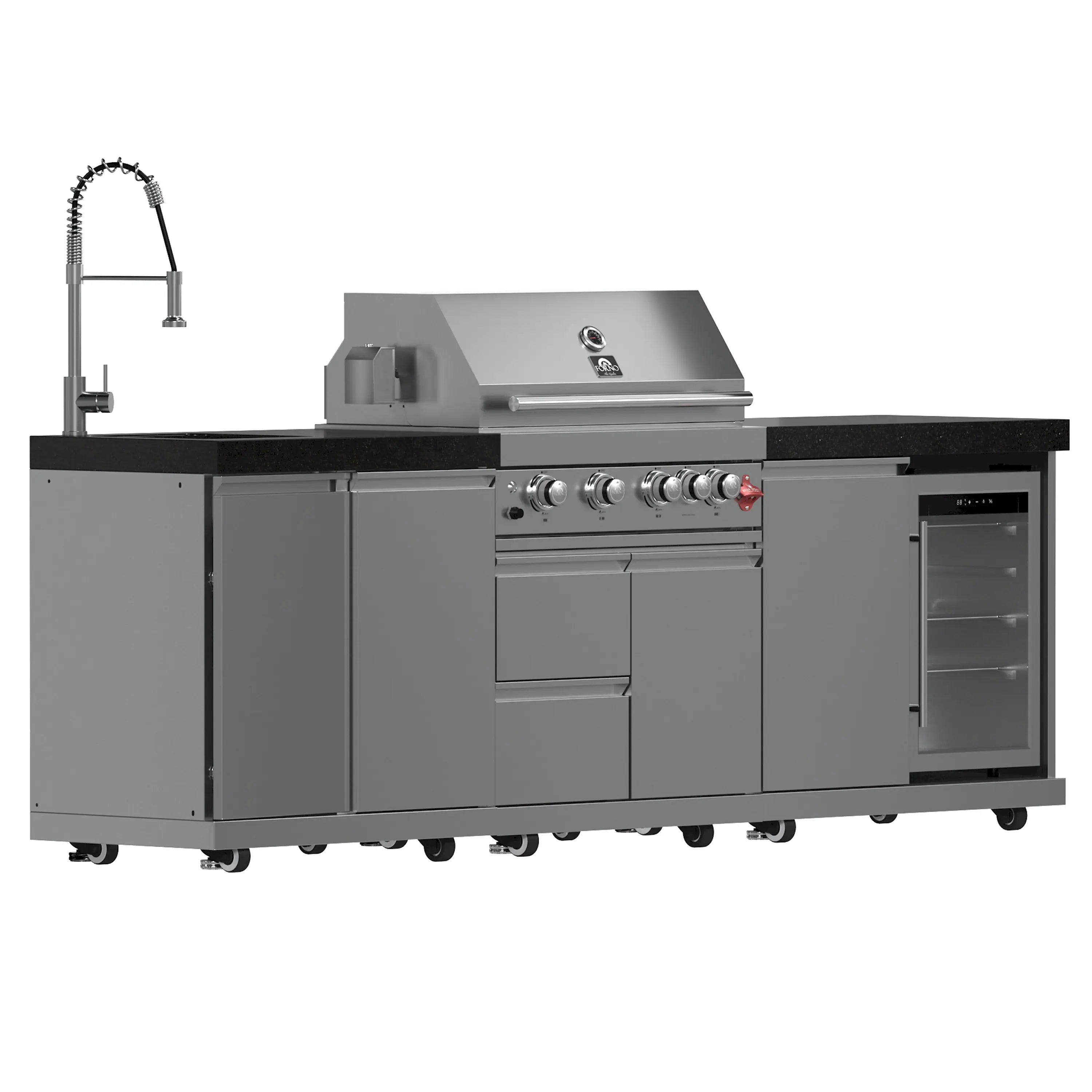 Outdoor gas grill with control knobs, stainless cooking area, and black countertop