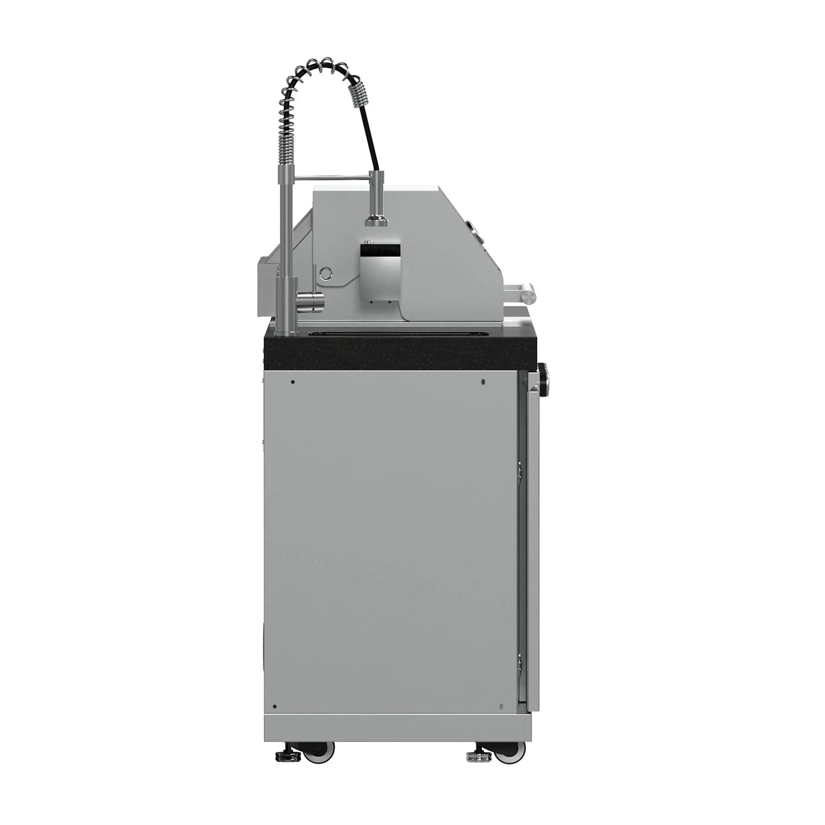 Outdoor grill with side-mounted latch, open cookbox, and black countertop