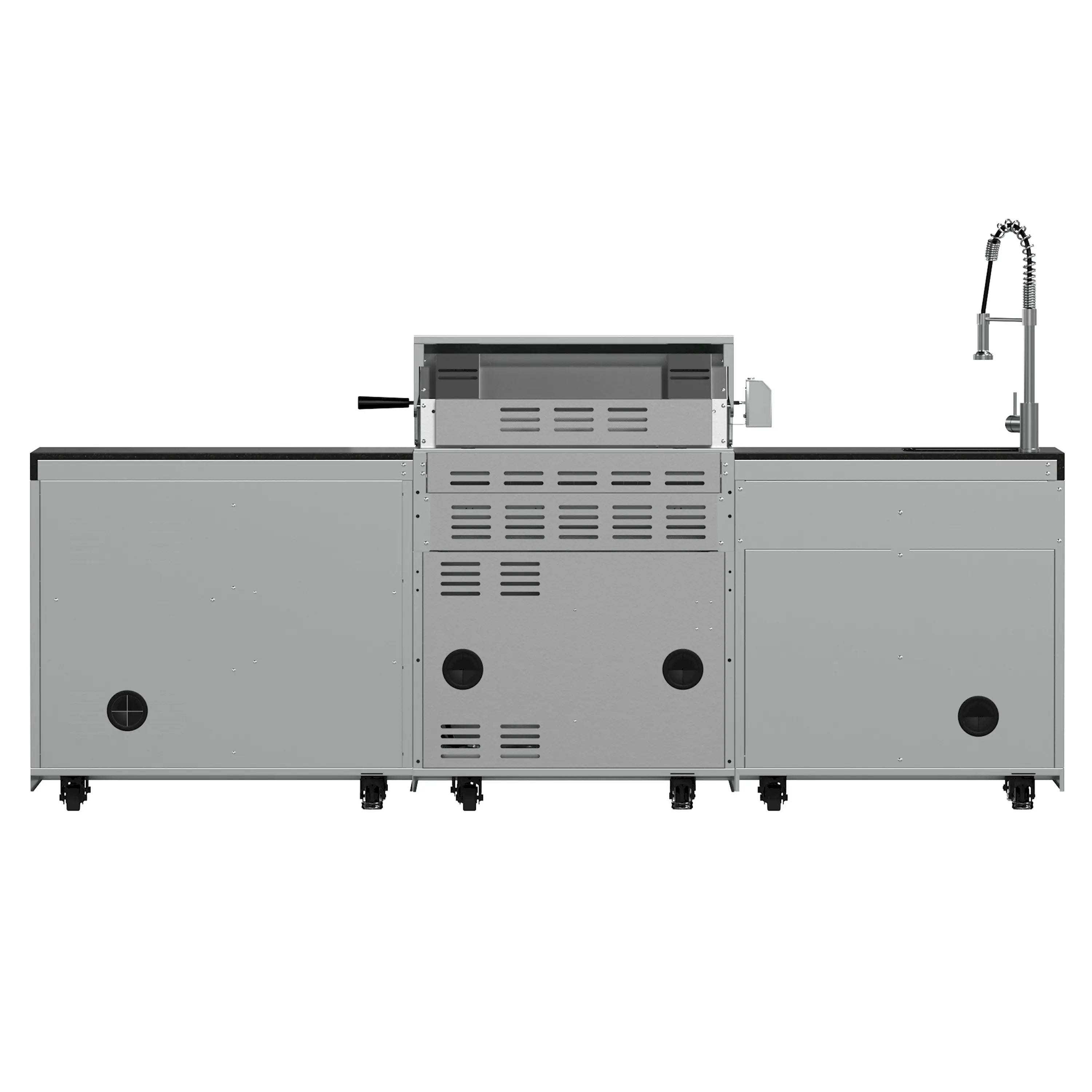 Outdoor grill with back panel vents and countertop-mounted cooking unit