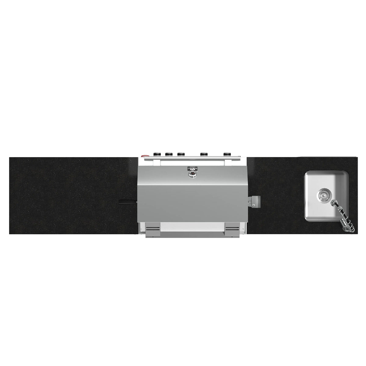 Outdoor gas grill with side view of closed cookbox and black countertop trim