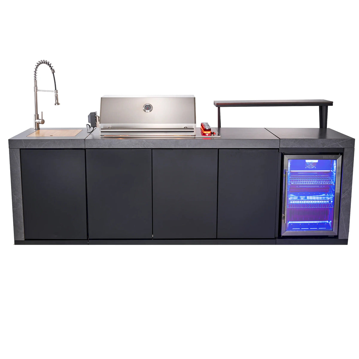 Outdoor kitchen island with sink, stainless grill, and black base with backlit beverage cooler