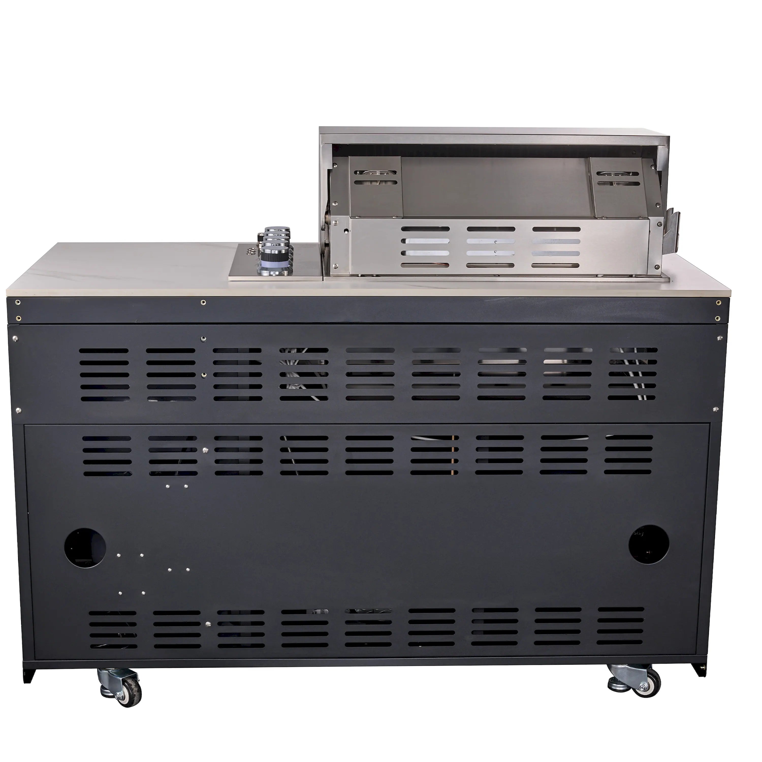 Outdoor BBQ grill with open lid showing stainless interior and burner vents