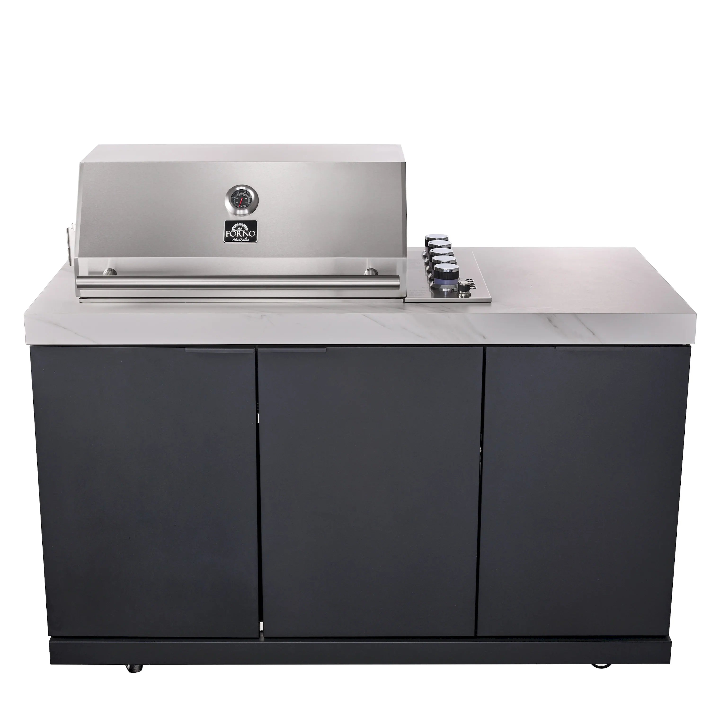 Outdoor BBQ grill island with stainless hood, white marble-style countertop, and dark cabinet.