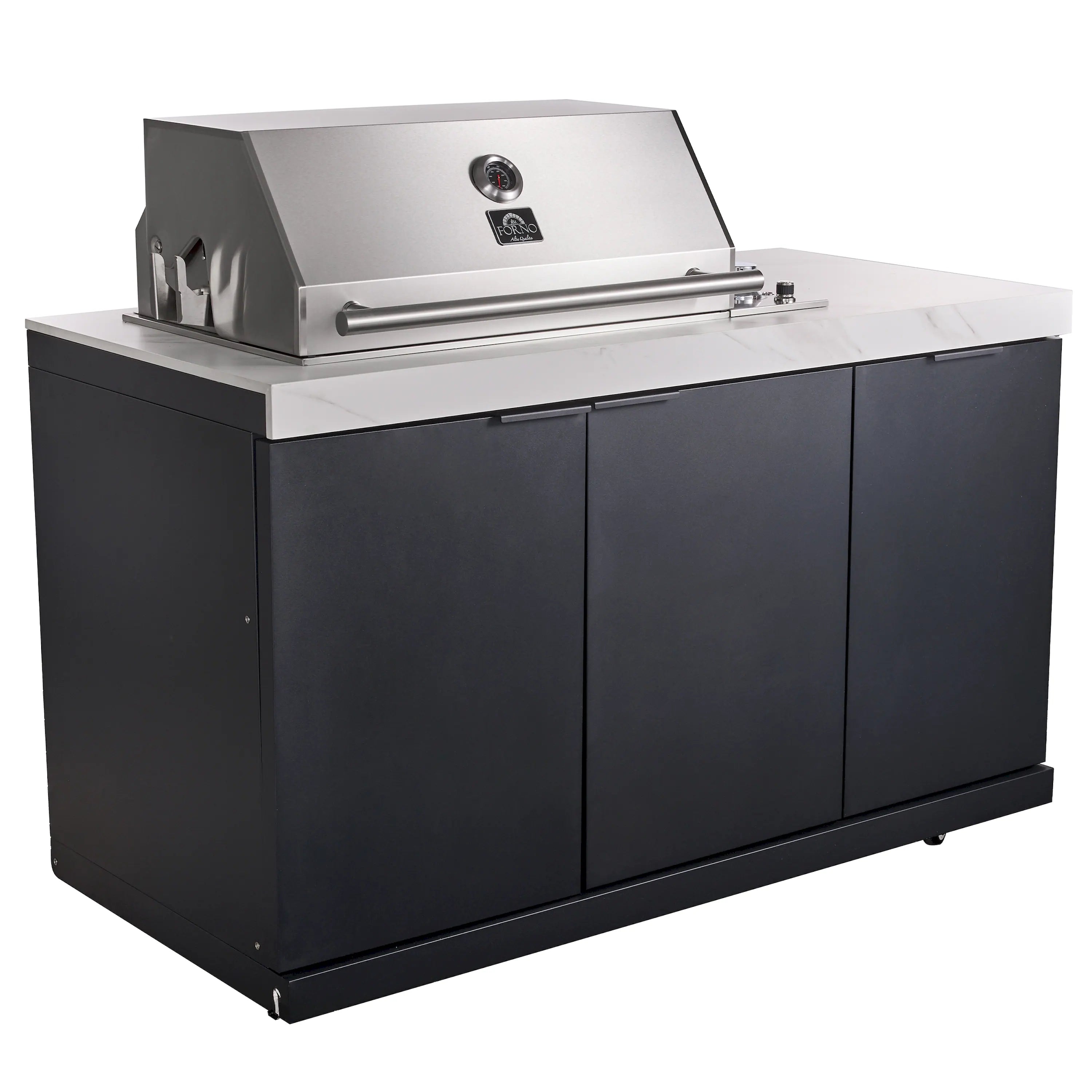 Outdoor BBQ grill island with stainless hood and white countertop, dark cabinet doors.