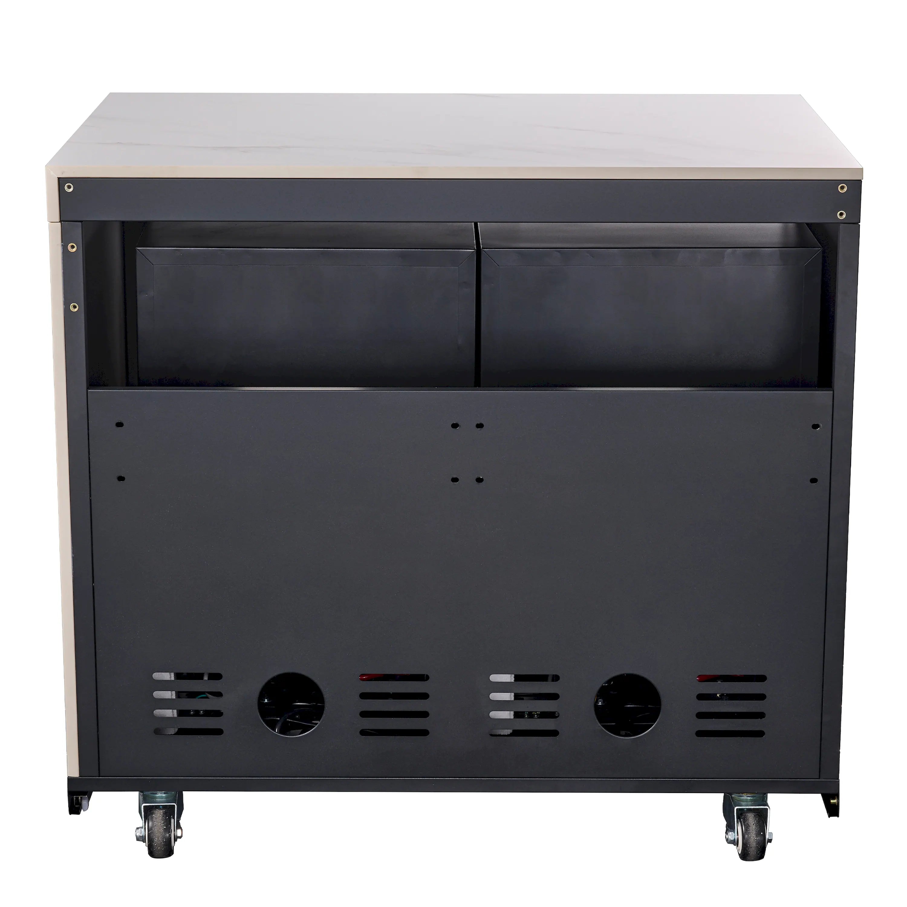 Outdoor BBQ grill cabinet with vented doors and white countertop top