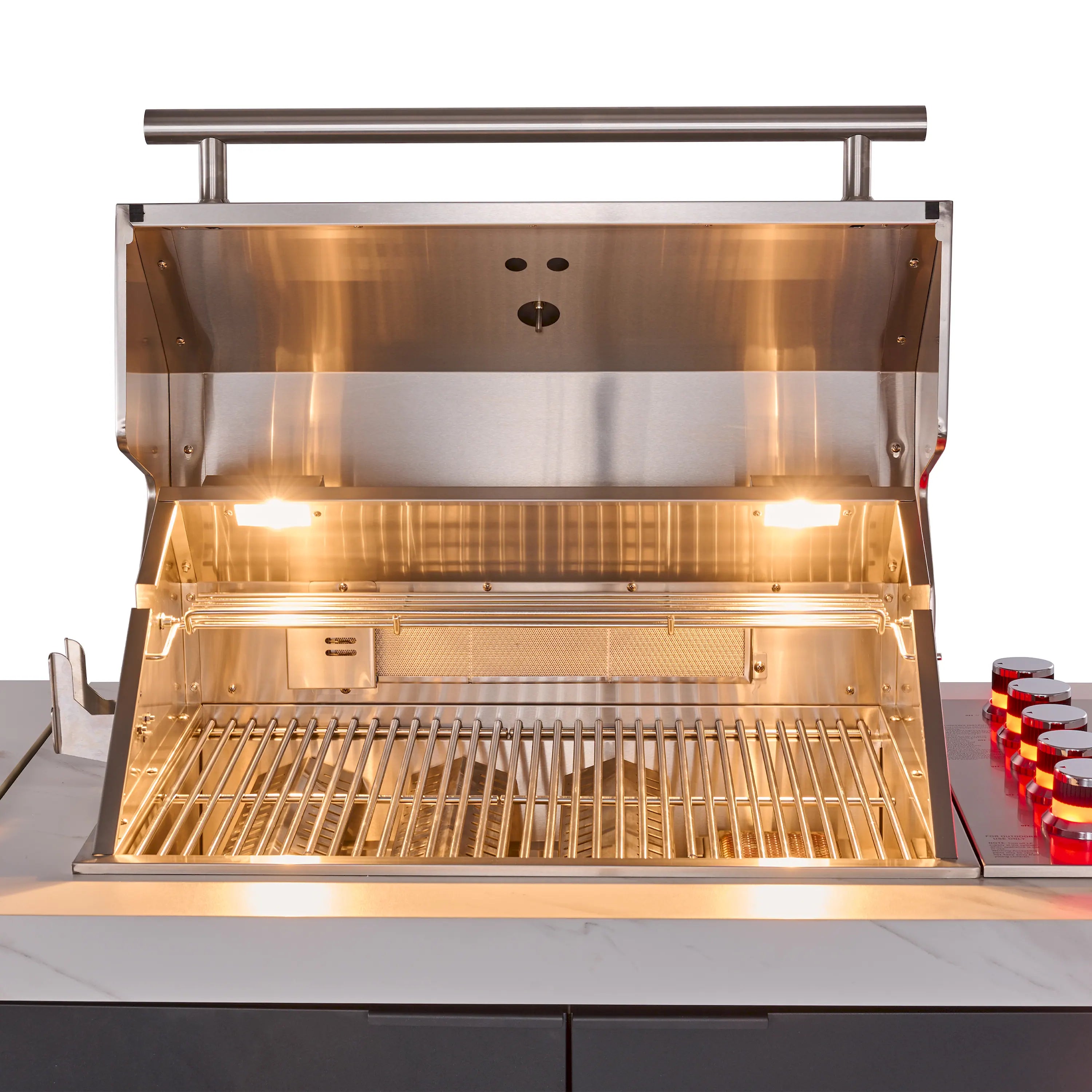 Open stainless BBQ grill front view with cooking grate and burner flame lights