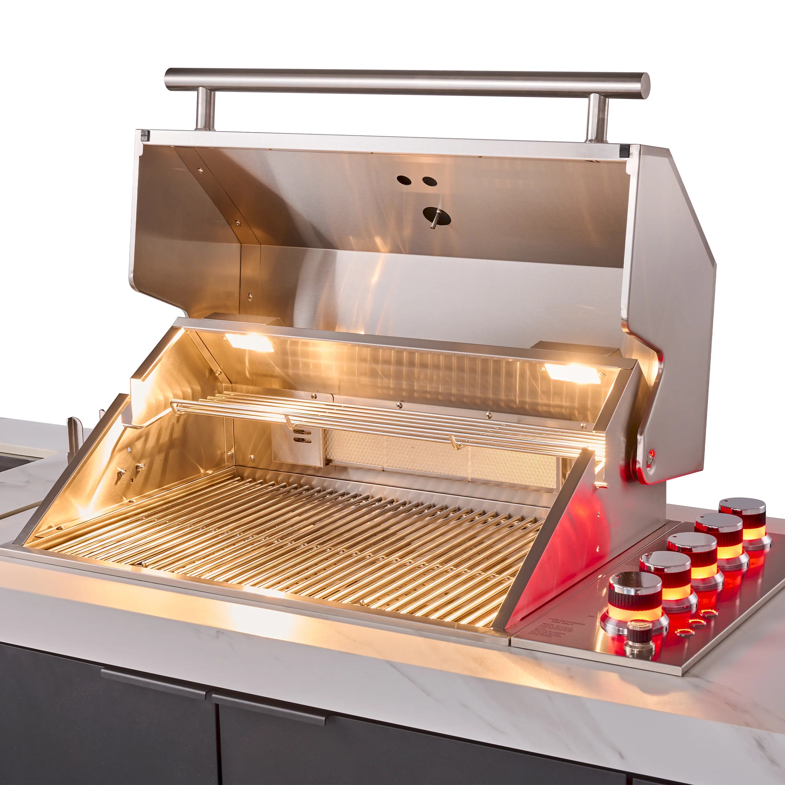 Open outdoor BBQ grill showing stainless grates and illuminated interior lights