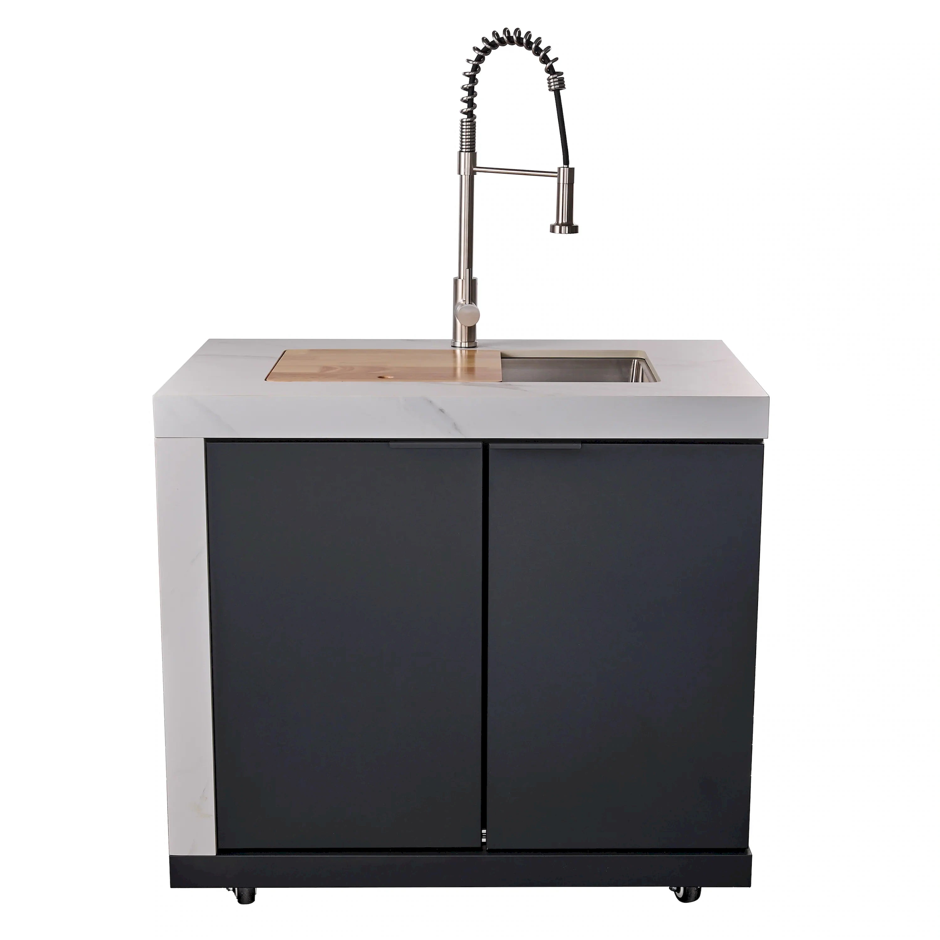 Outdoor kitchen sink cabinet with chrome faucet and stainless basin on white countertop.