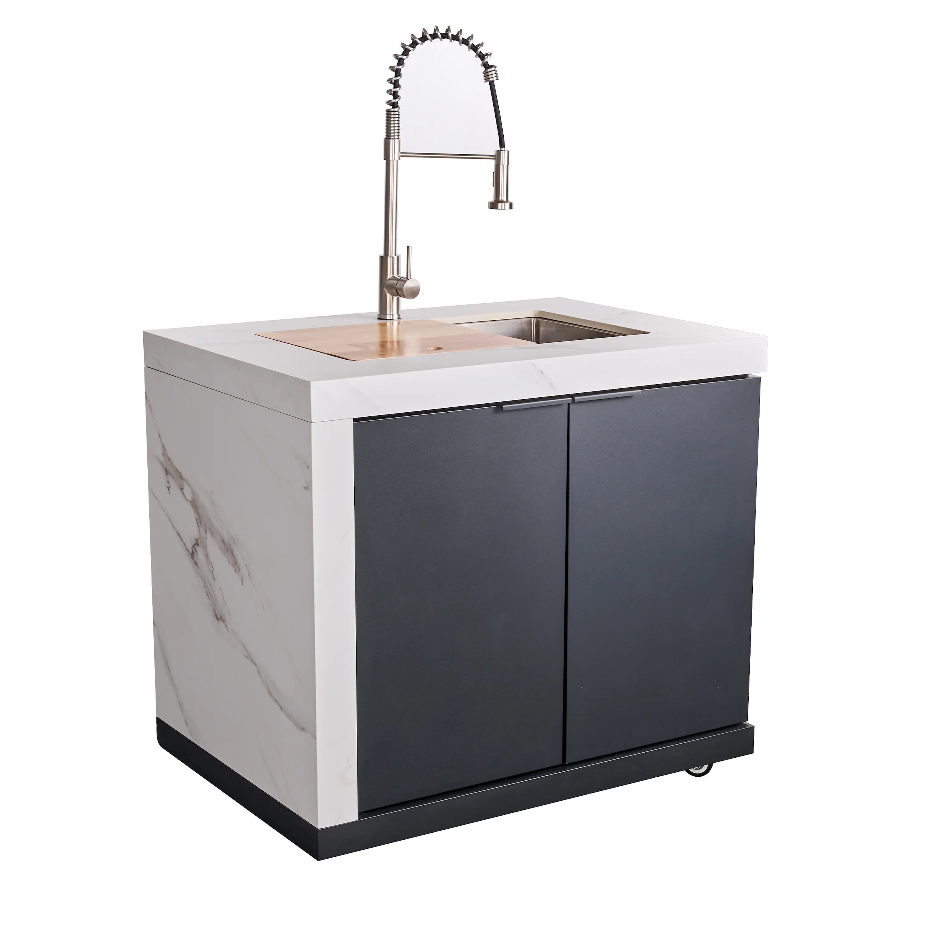 Outdoor kitchen sink cabinet with tall chrome faucet, stainless basin, and white marble top.