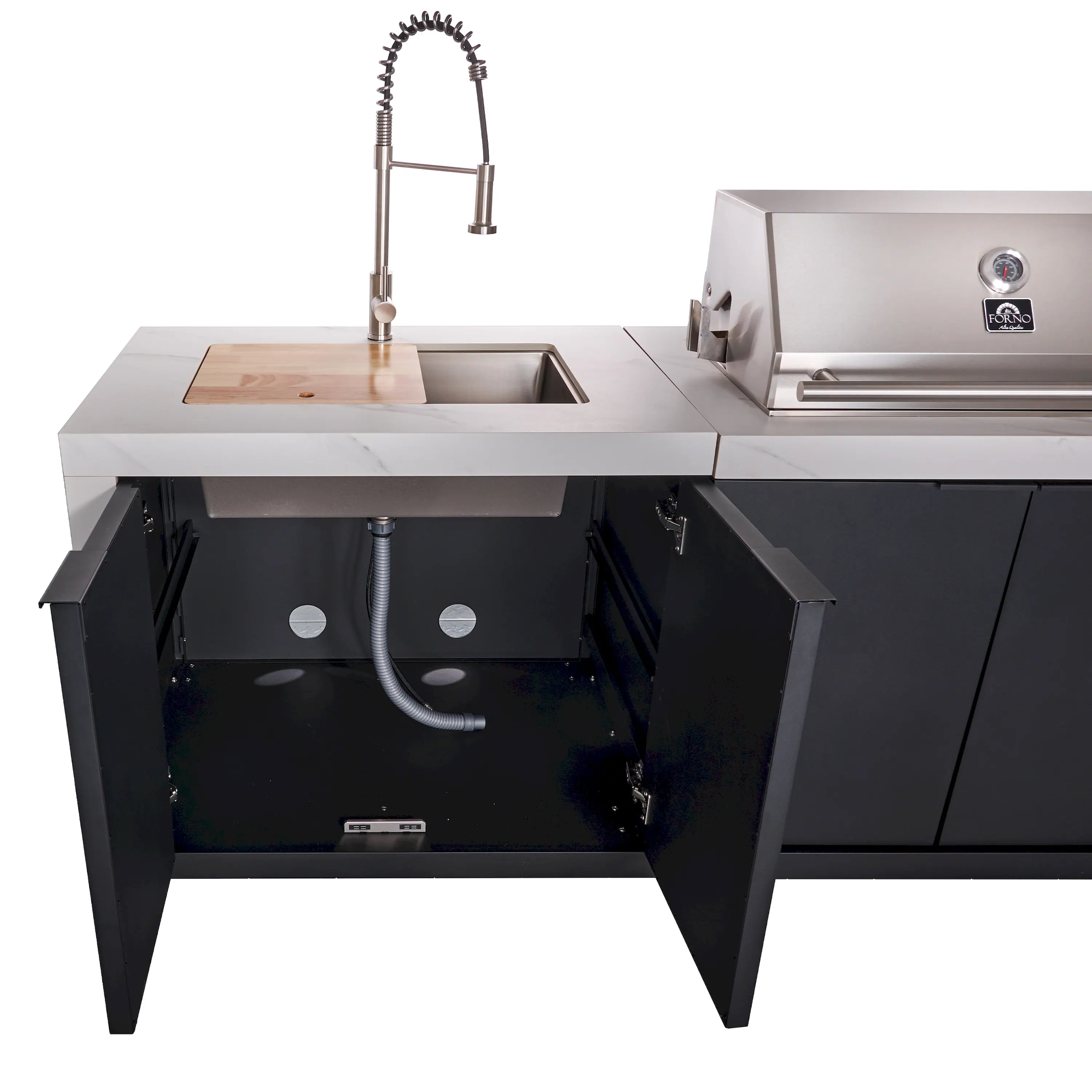 Outdoor BBQ grill island with open sink cabinet, pull-out hose and stainless sink basin.