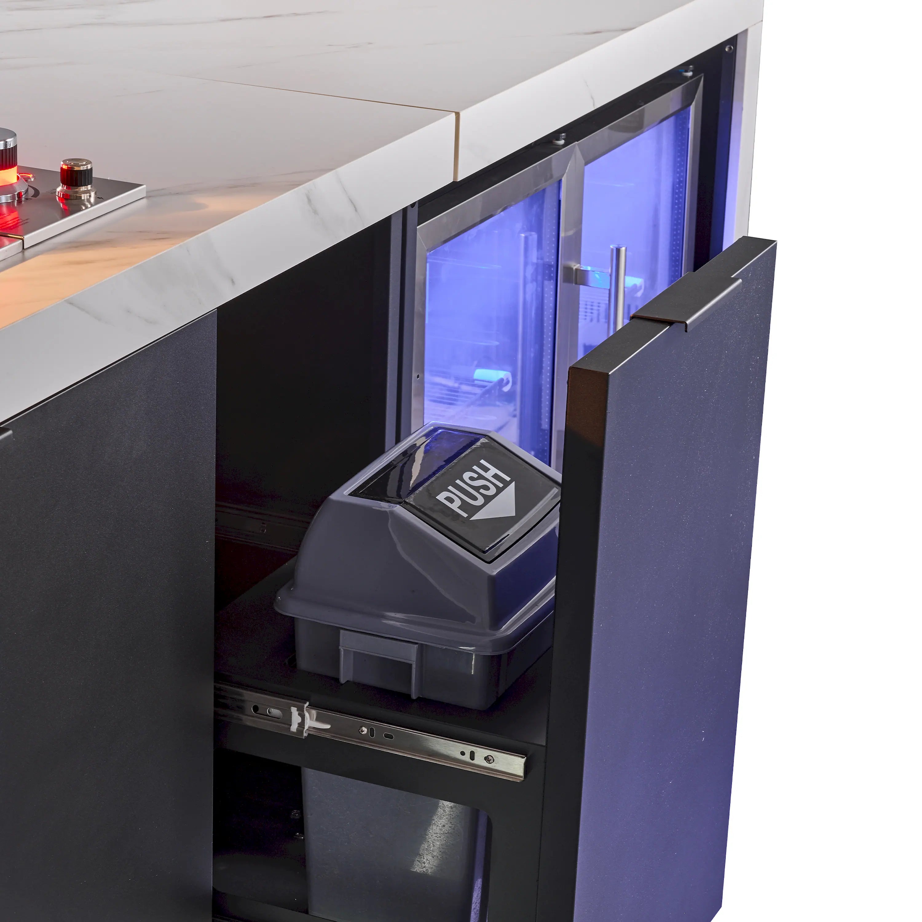 Outdoor BBQ grill with push beverage dispenser in open front panel