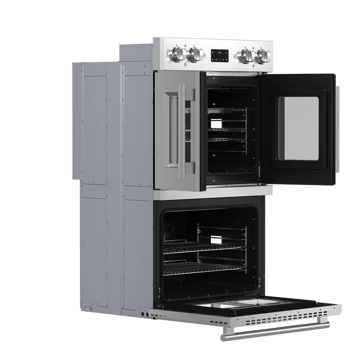 Stainless steel wall oven with French doors open, showing black interior racks