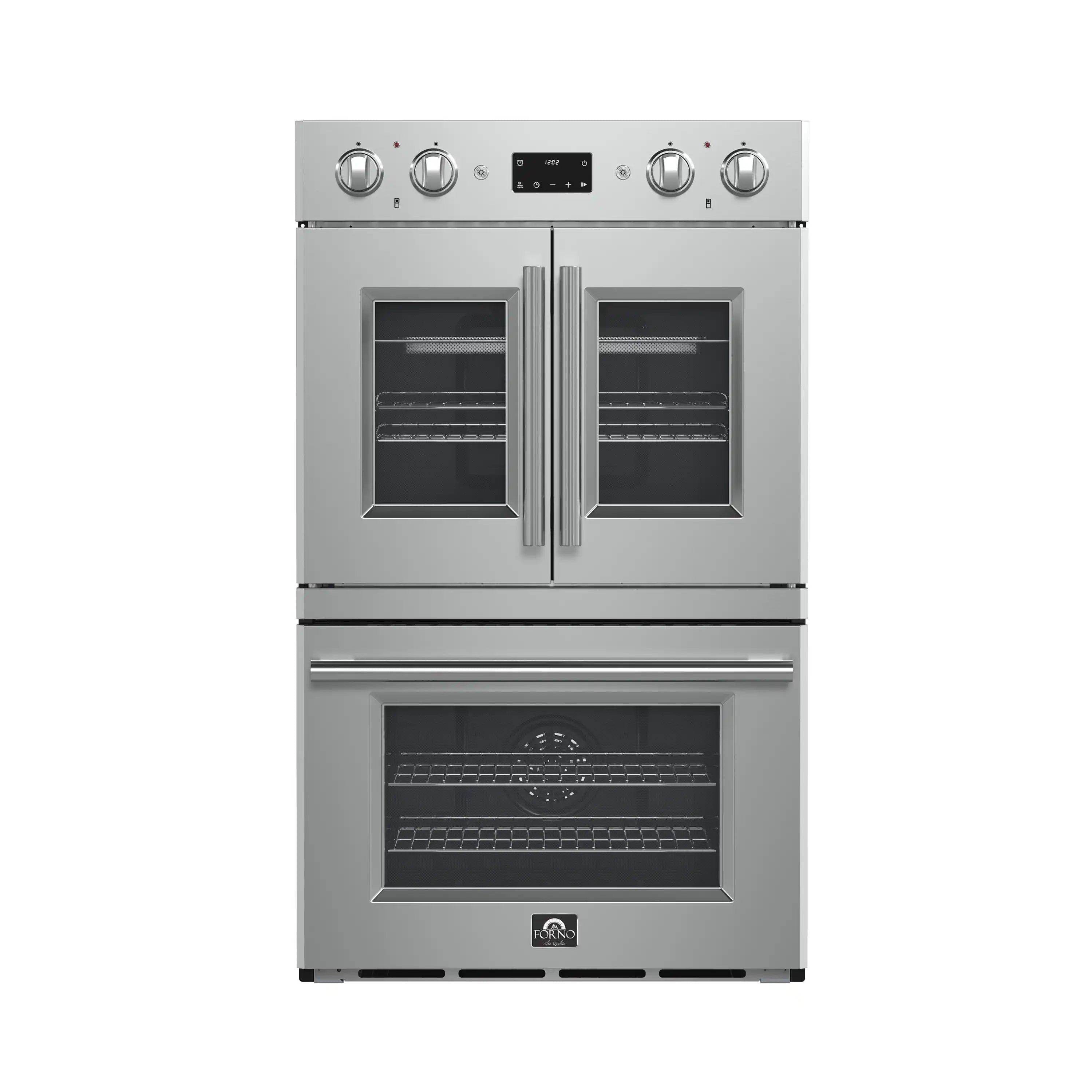 Stainless steel French door double wall oven with microwave door below, front view