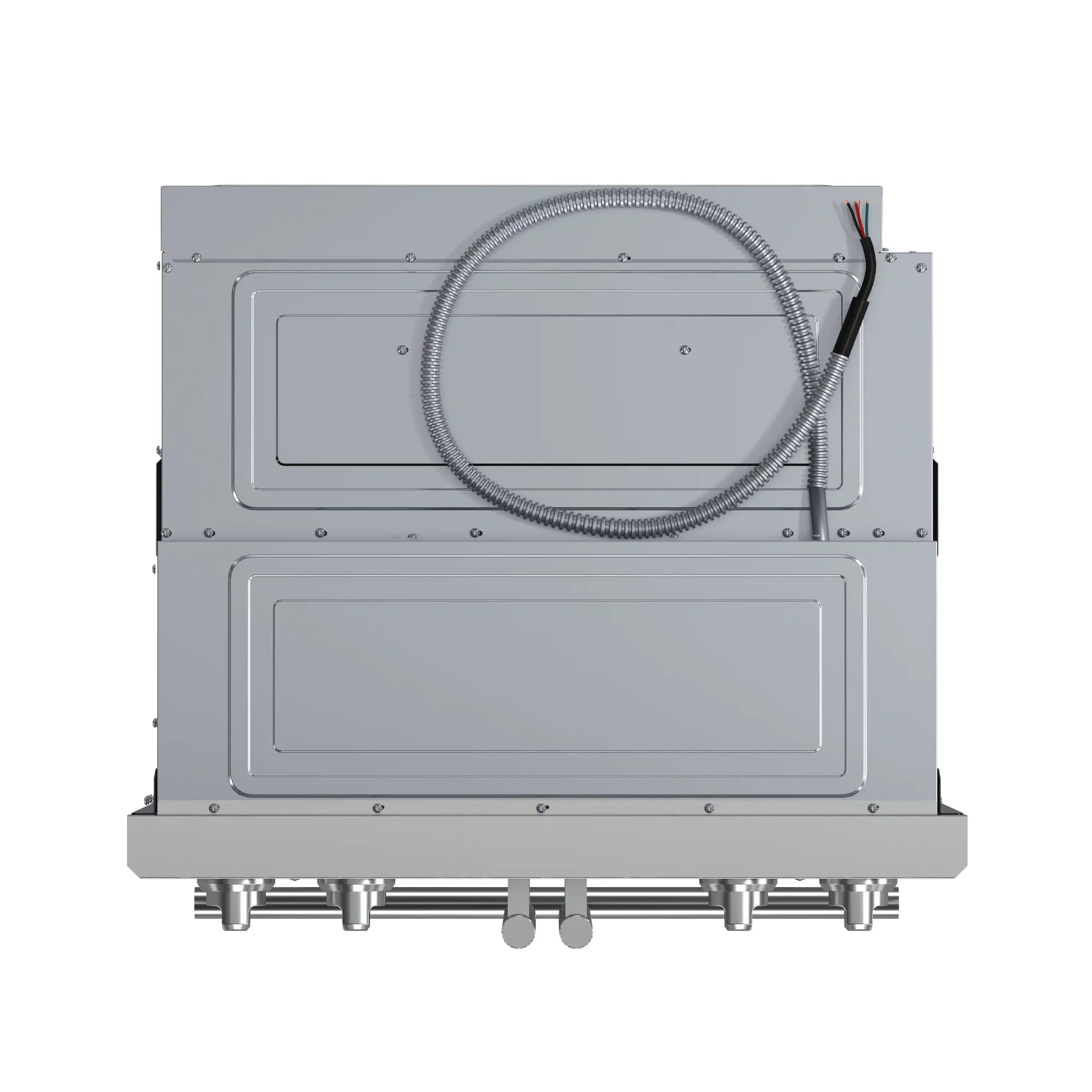 Forno Asti electric double oven rear view with flexible conduit and wiring access panel
