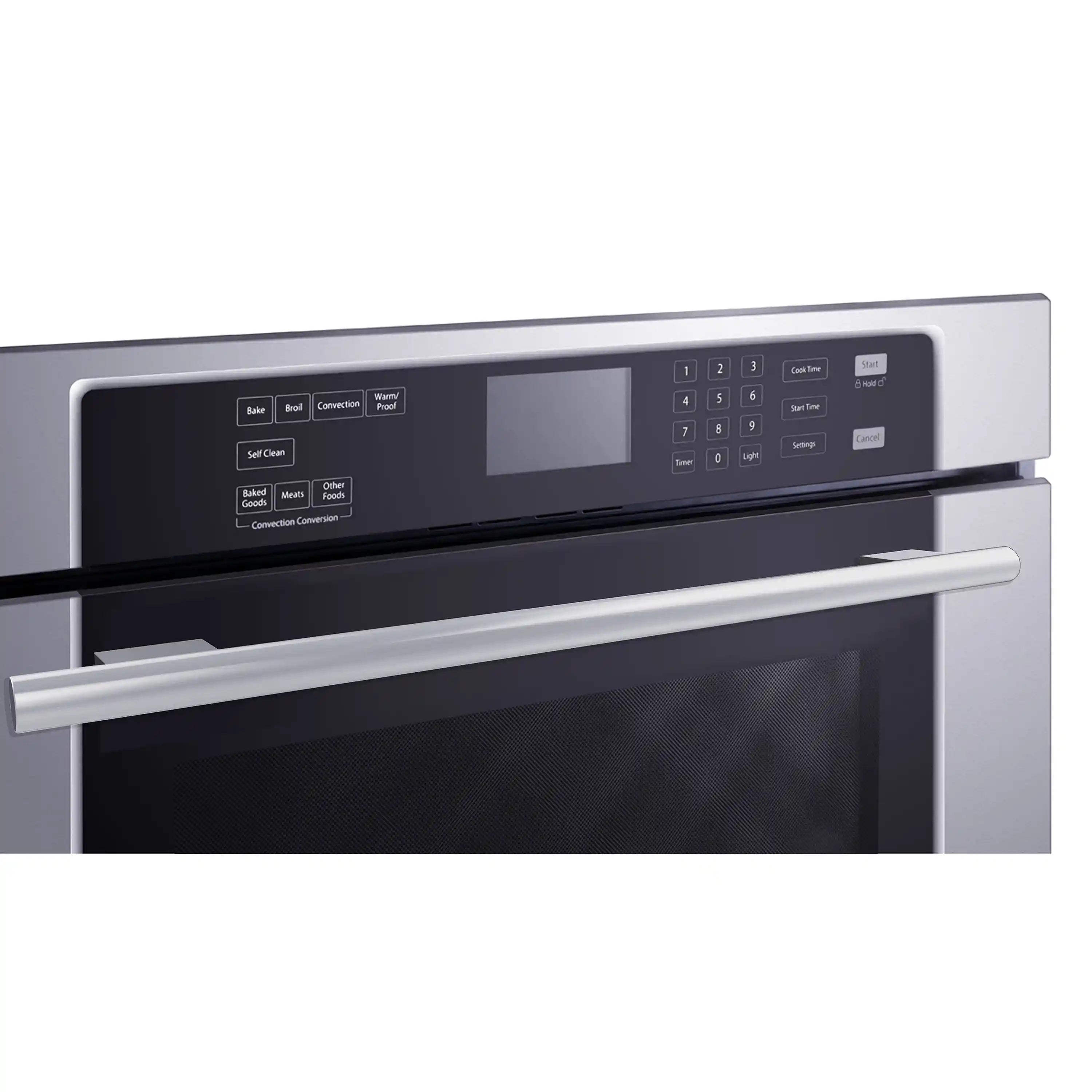 Stainless steel oven door with black digital display and touch button control panel